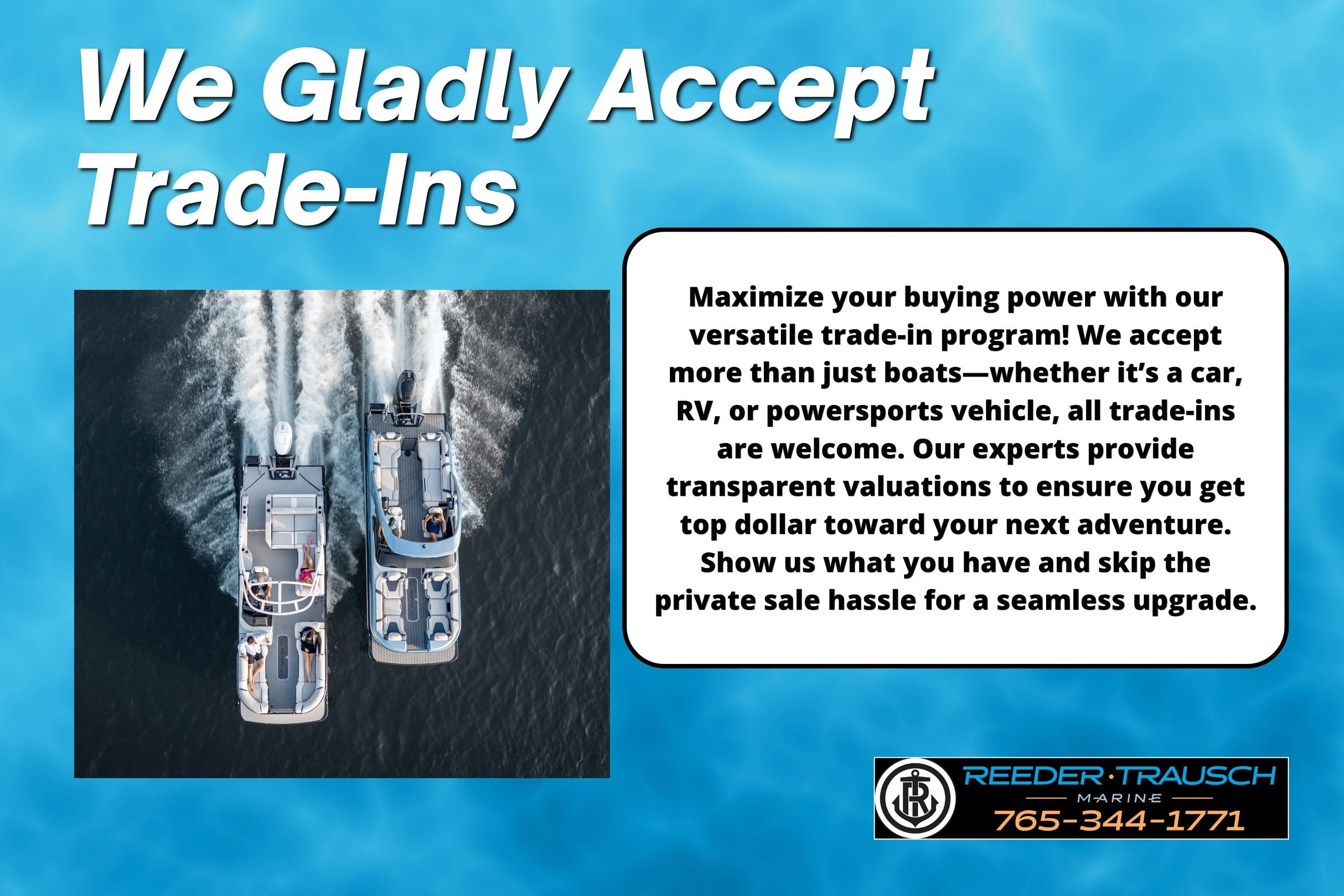 2026 Lund 2075 Impact XS boats on water, trade-in program promotion by Reeder Trausch Marine.