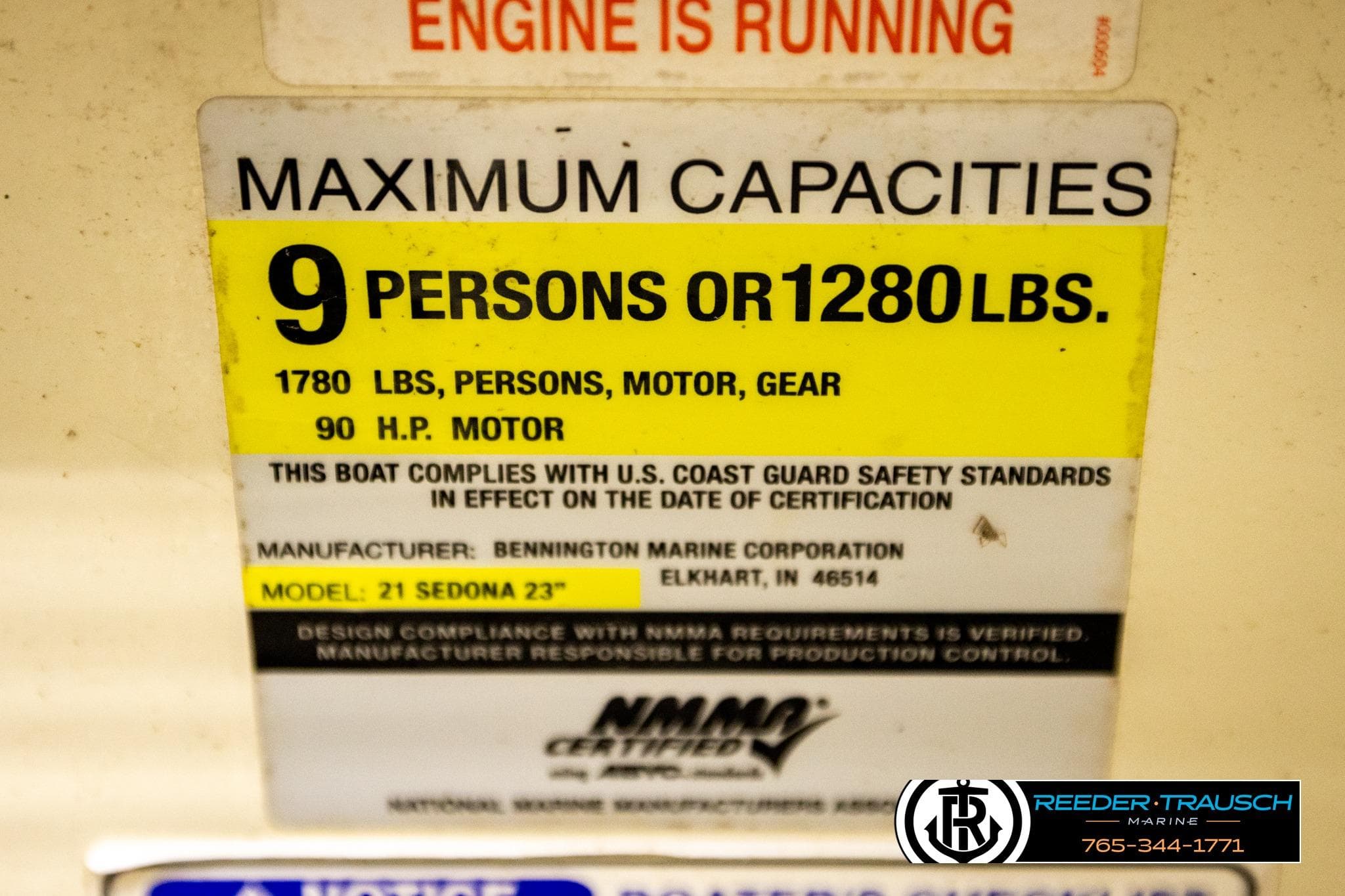 Boat capacity label for Sedona 20 CR, 2008 model, 9 persons or 1280 lbs.