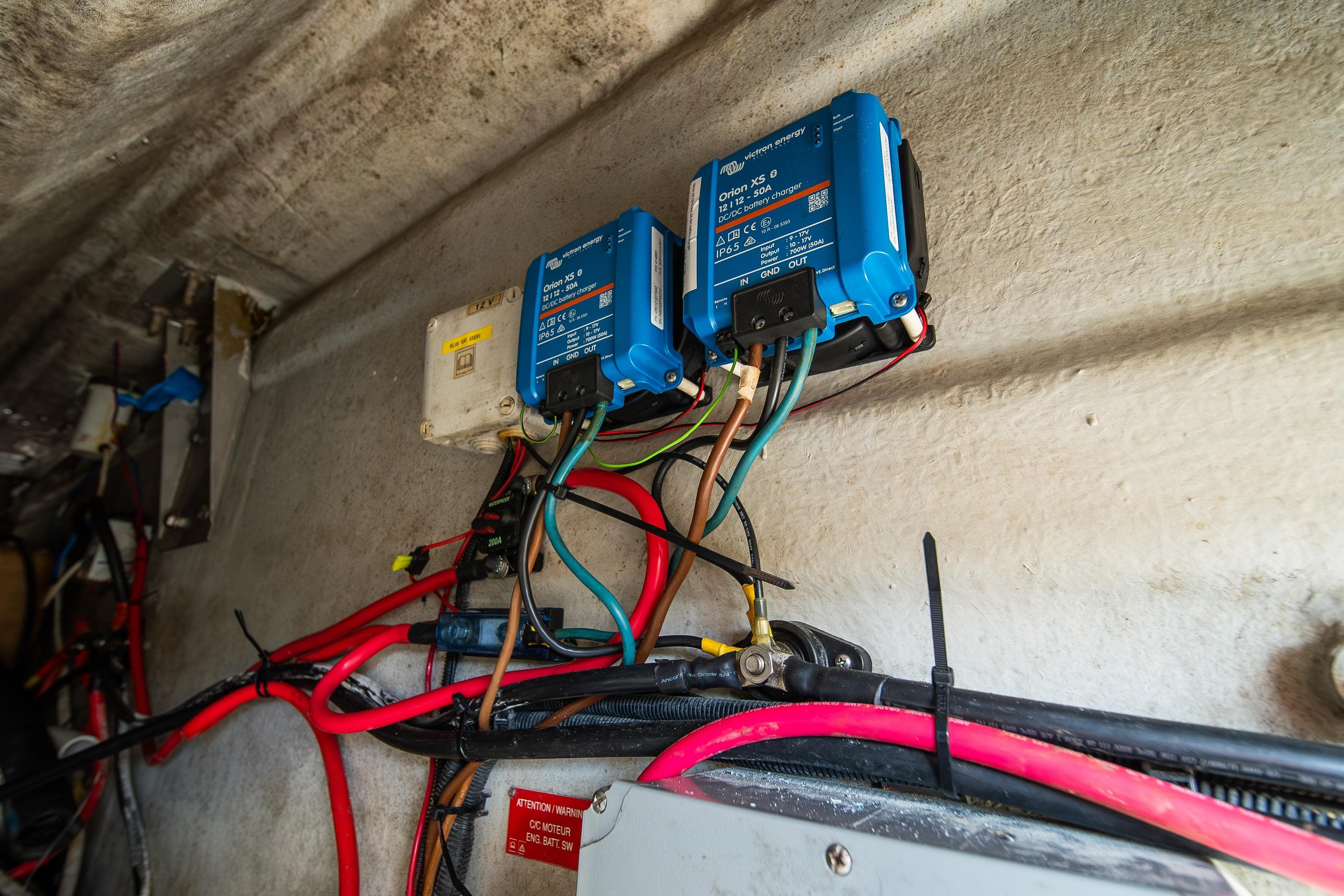 Electrical wiring and components inside a 2007 Lagoon 500 yacht.
