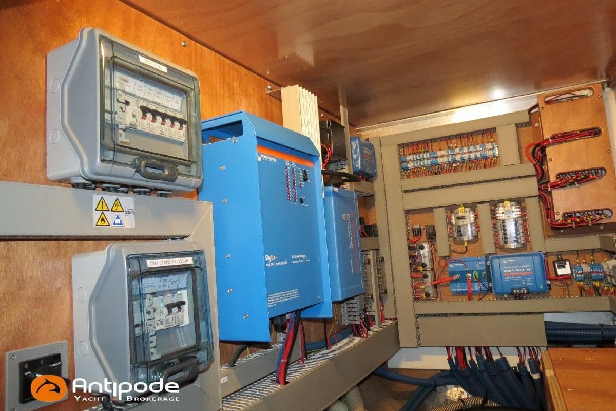 Electrical control panel with circuit breakers and wiring in a Meta JPB 52 yacht, 2021 model.