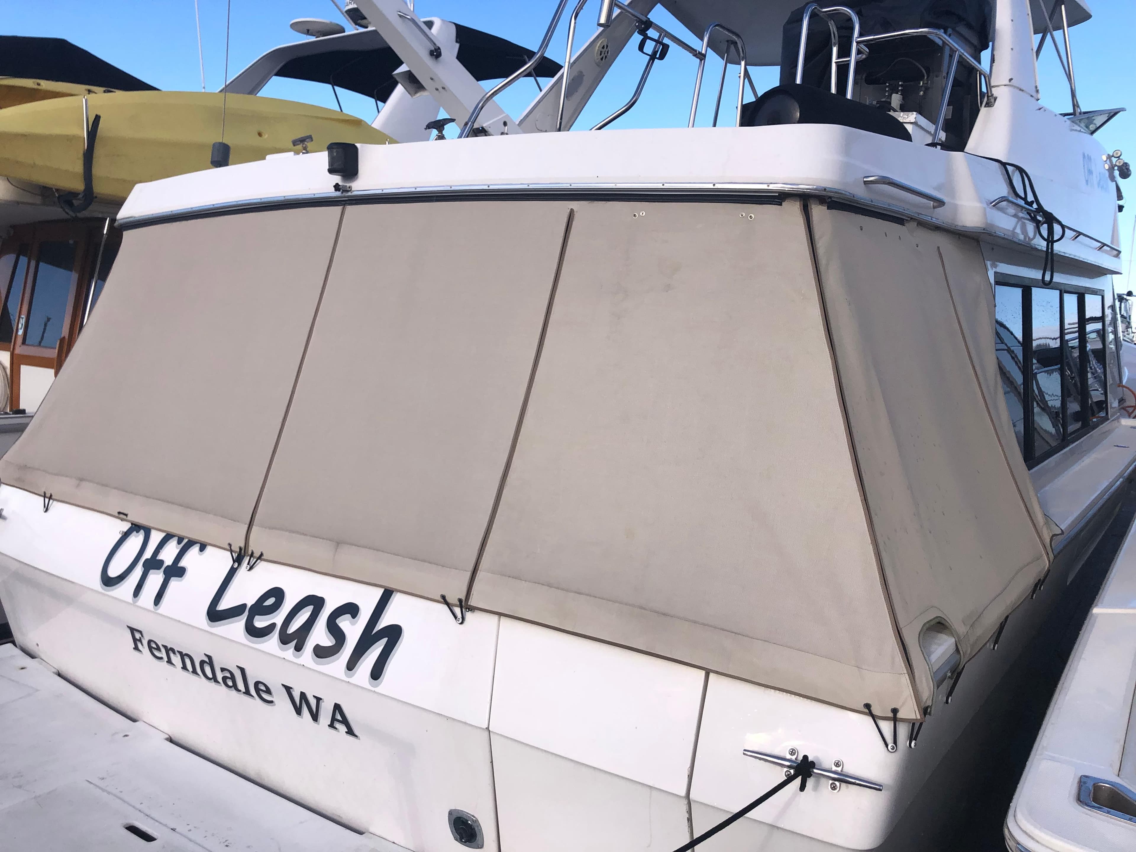 1996 Bayliner 4788 Pilot House Motoryacht named "Off Leash" docked in Ferndale, WA.
