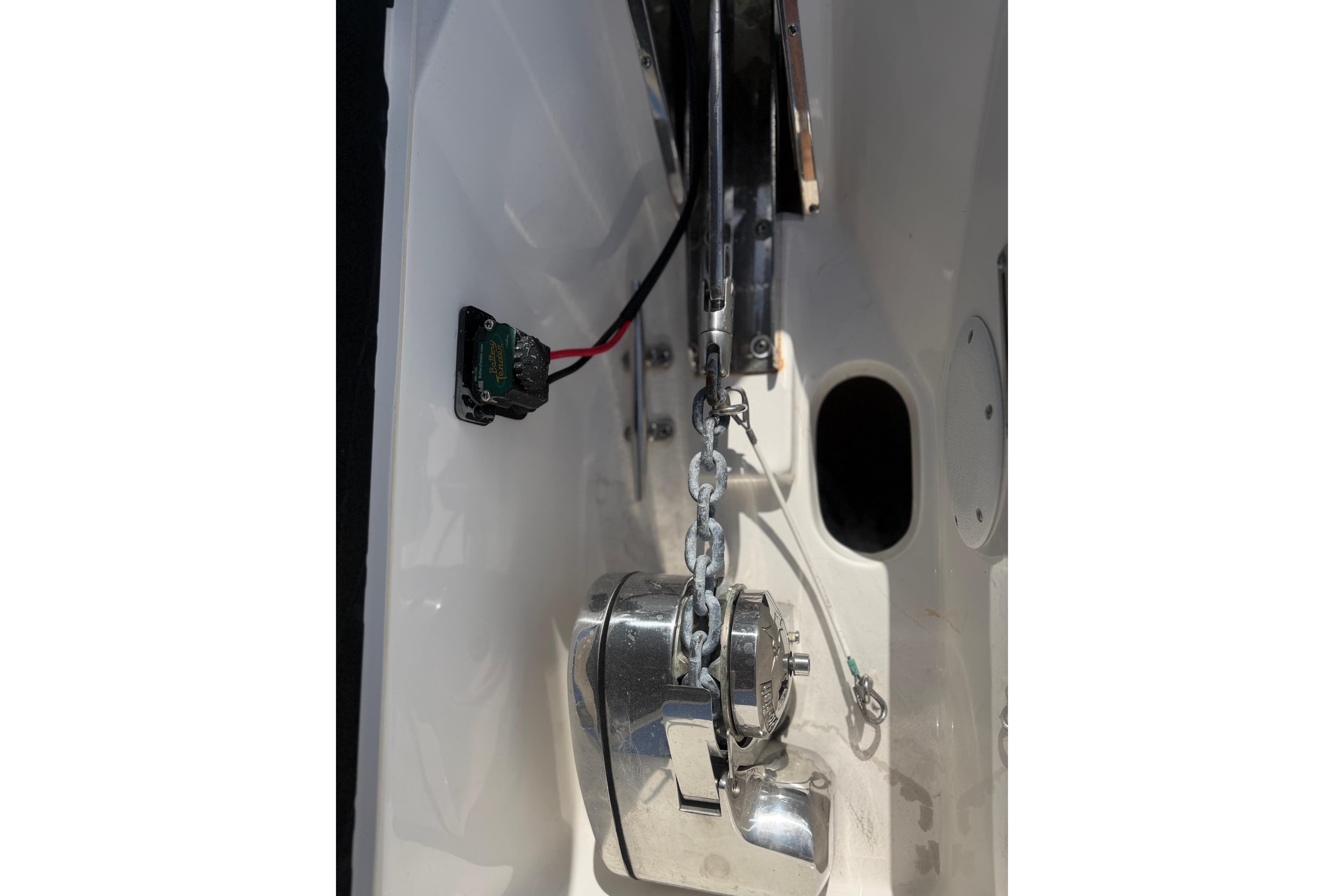 2024 Tidewater 3100 Carolina Bay boat anchor chain and winch detail.