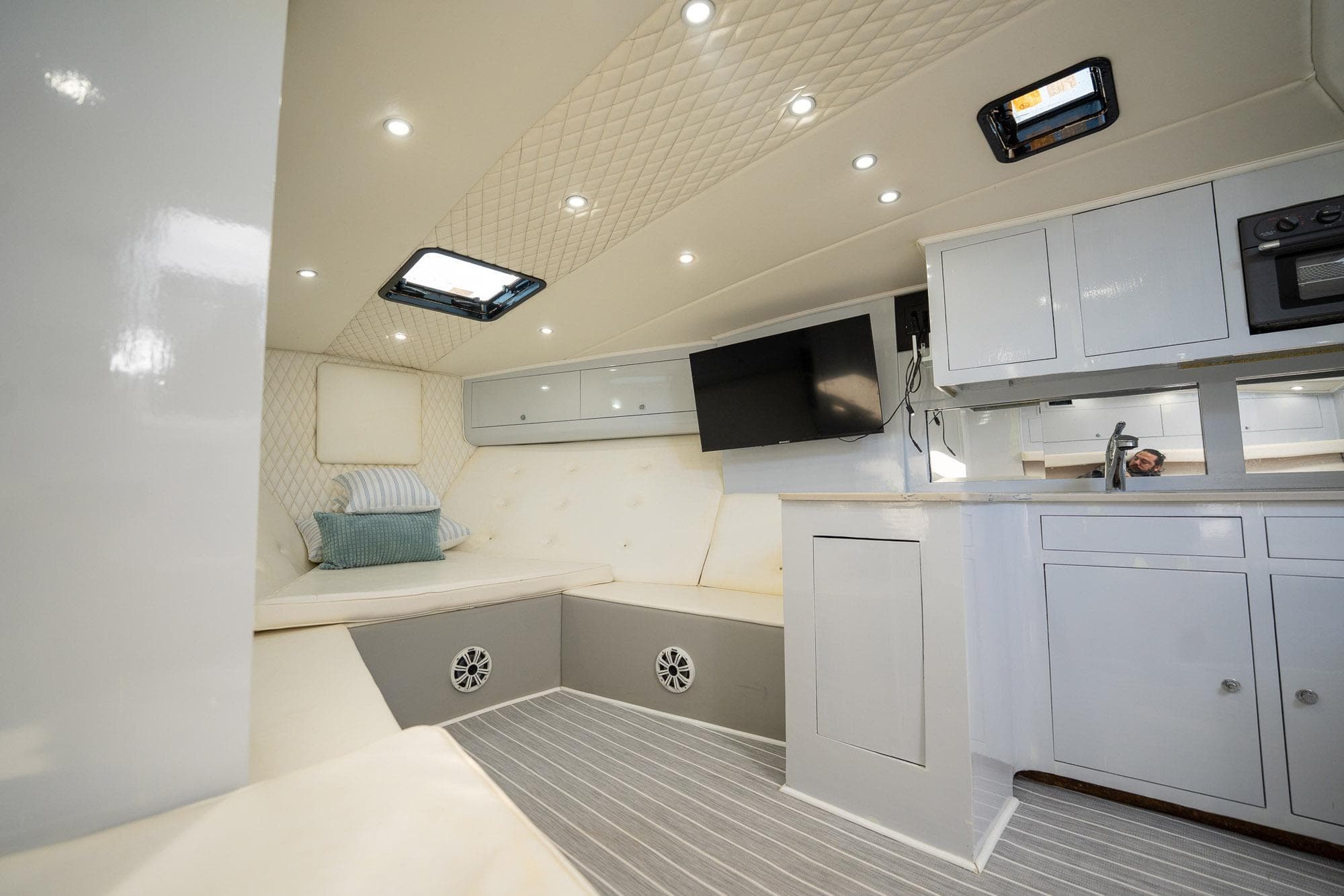 Luxurious interior of a 1997 Strike 42 Express yacht with modern amenities.