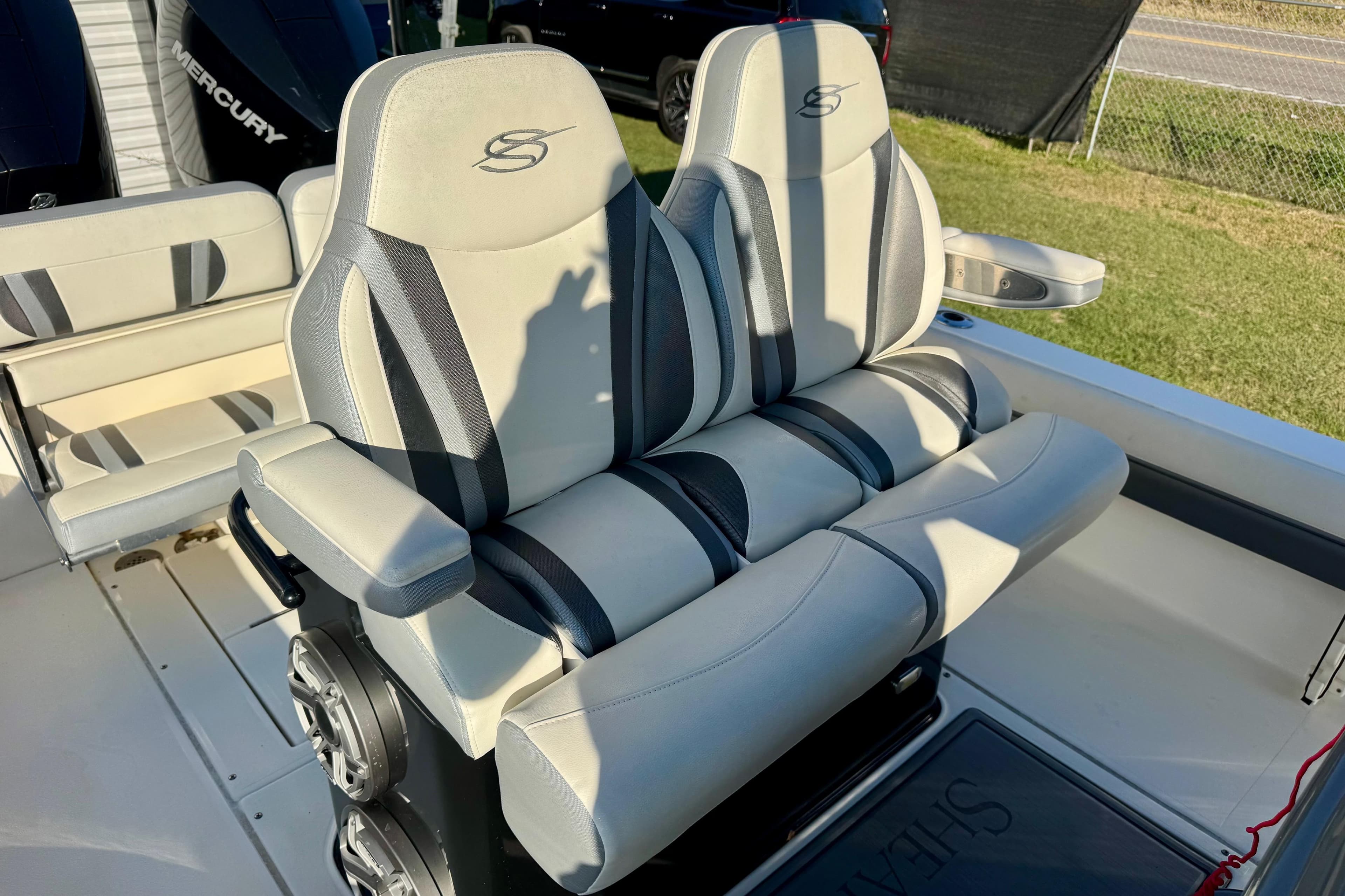 Luxury seating on 2021 ShearWater 27 Carolina boat, featuring premium upholstery and design.
