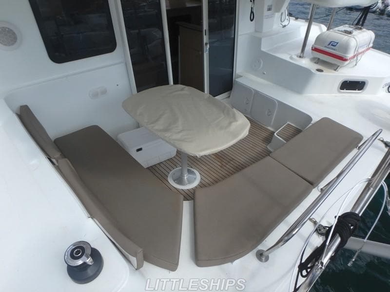Deck area of 2015 Fountaine Pajot MAHE EVO with seating.