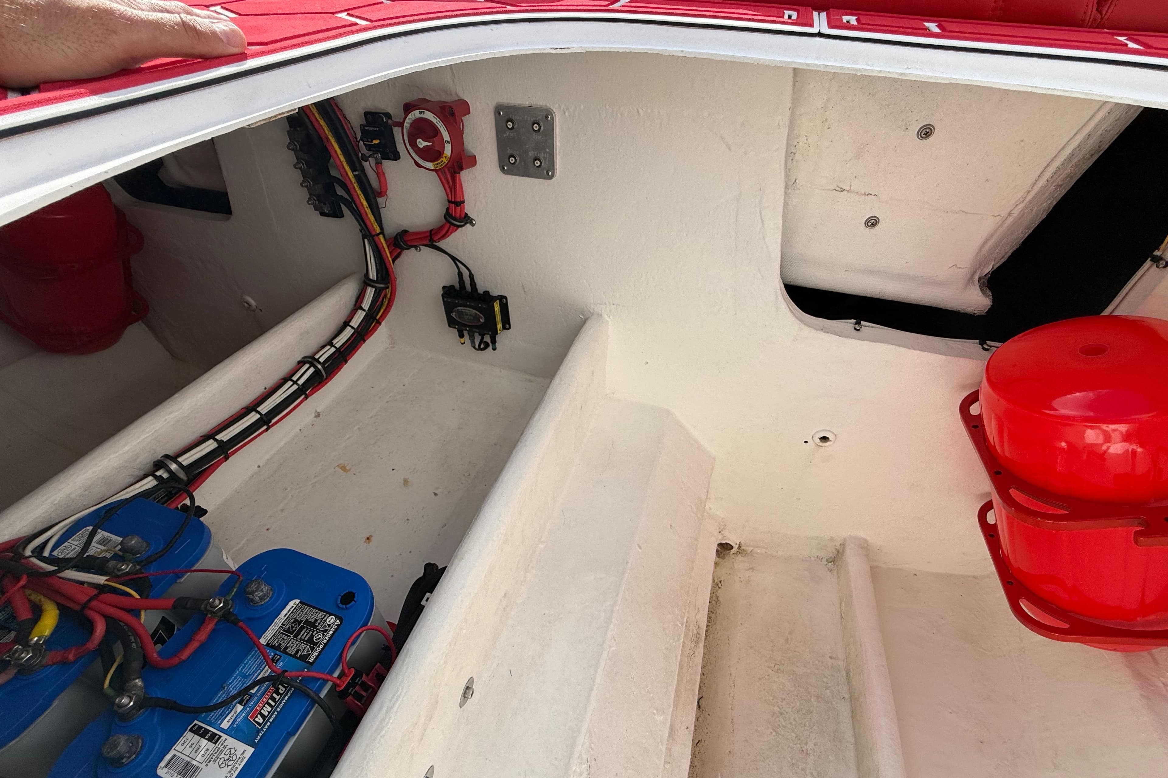 Interior view of a 2020 HellKats 30 boat showing wiring and components.