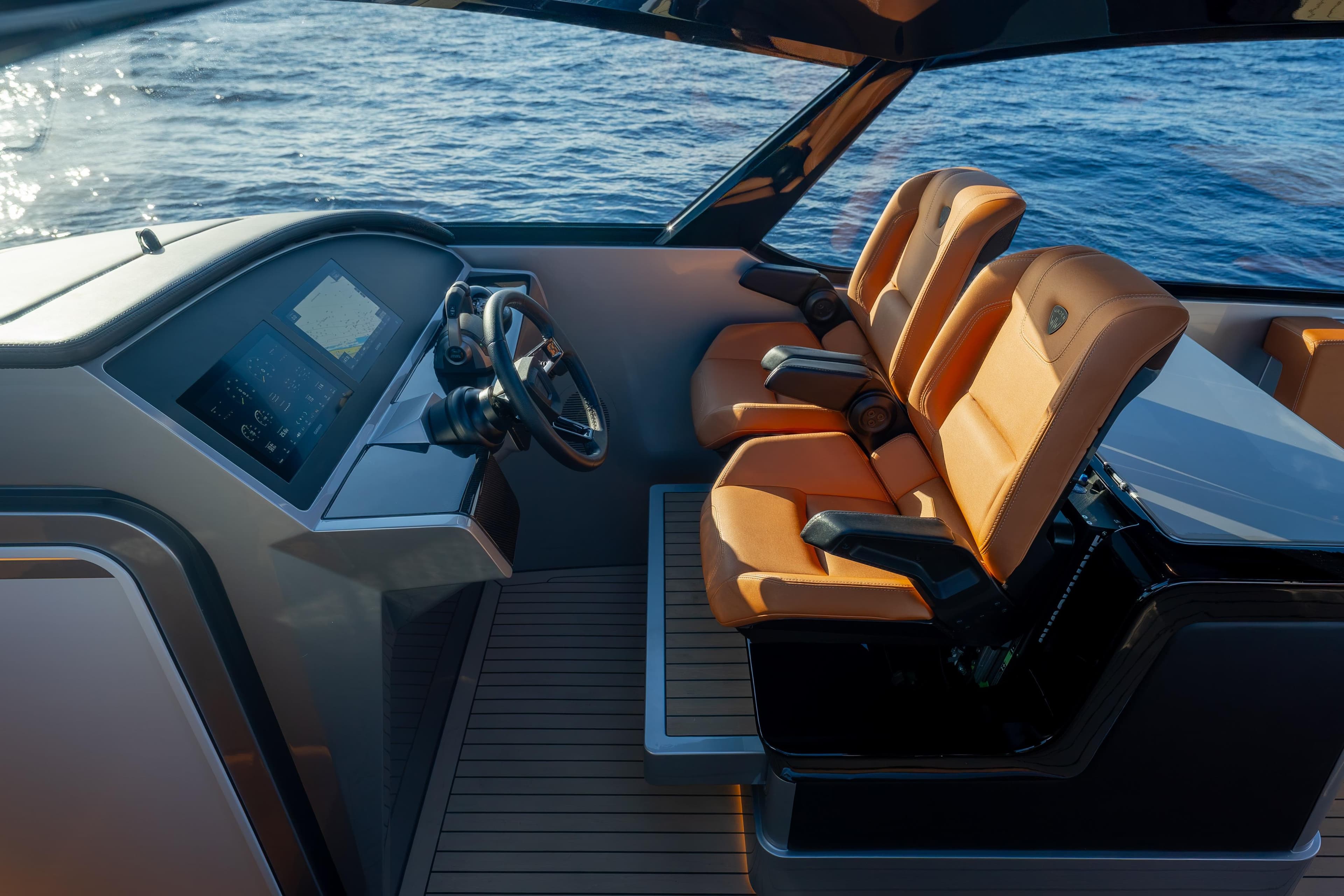2024 Wajer 55 HT yacht cockpit with luxury seating and advanced navigation system.