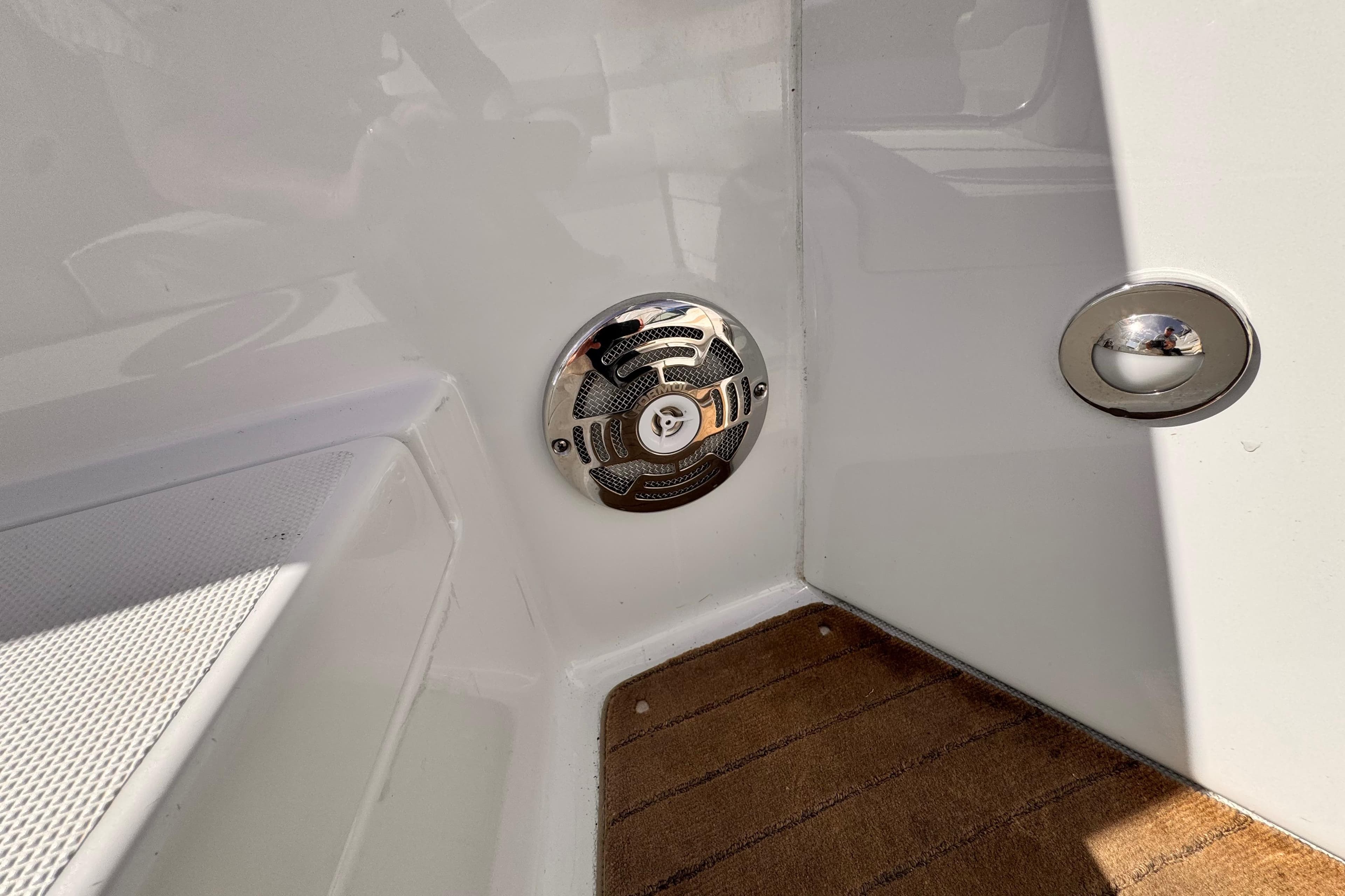 2012 Formula 290 Sun Sport boat interior with speaker and wooden flooring.