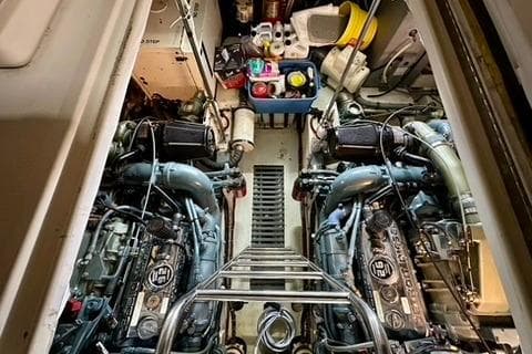 1995 Tiara Yachts 4300 Open engine room with dual engines.