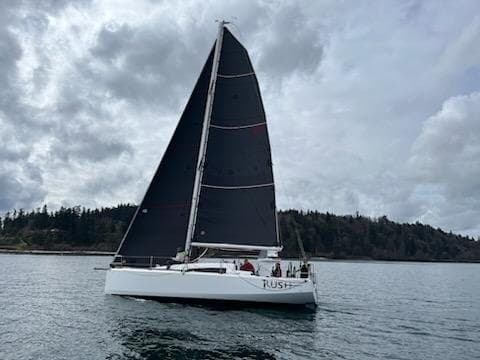 2018 Jeanneau Sun Fast 3600 sailboat on calm waters under cloudy skies.