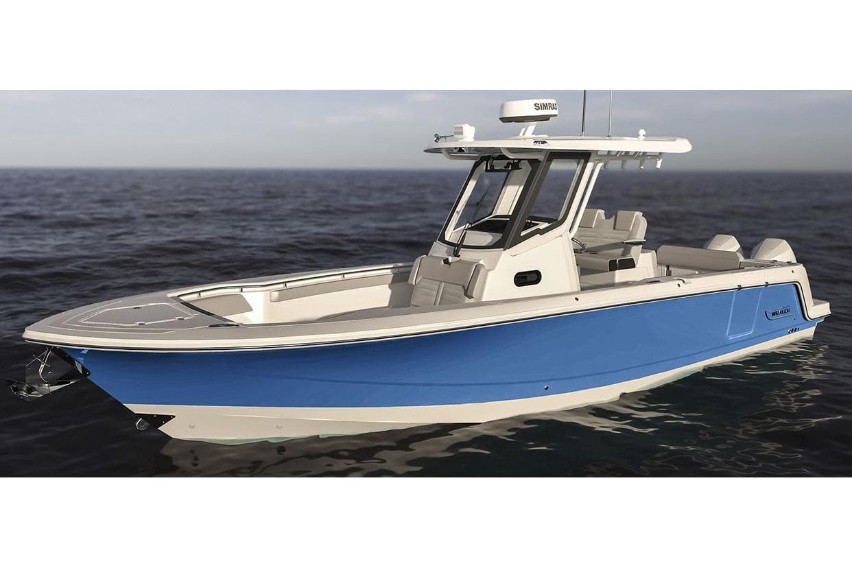 Manufacturer Provided Image: 2026 Boston Whaler 290 Outrage boat on open water, featuring sleek blue and white design.