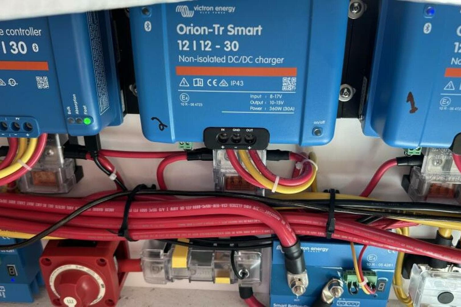 Electrical system with Victron Energy chargers on a 1987 Marine Trader 47 Tradewinds yacht.