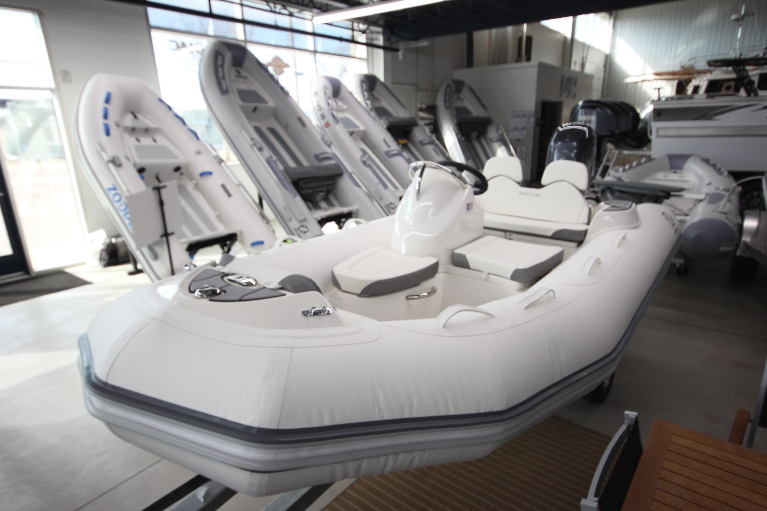 2026 Zodiac Yachtline 400 inflatable boat displayed in a showroom.