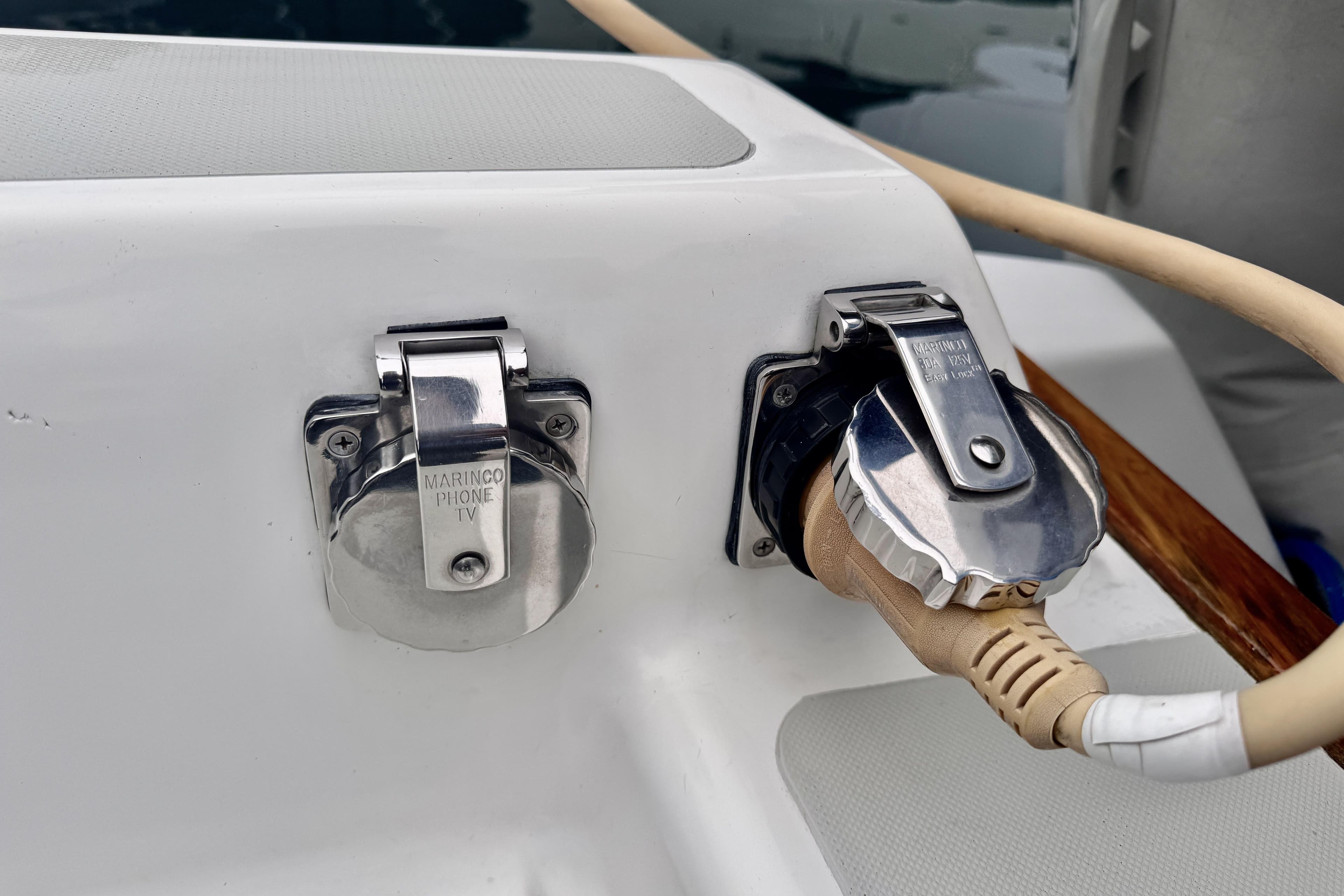 Boat electrical and phone outlets on a 1991 Freedom 38 sailboat.