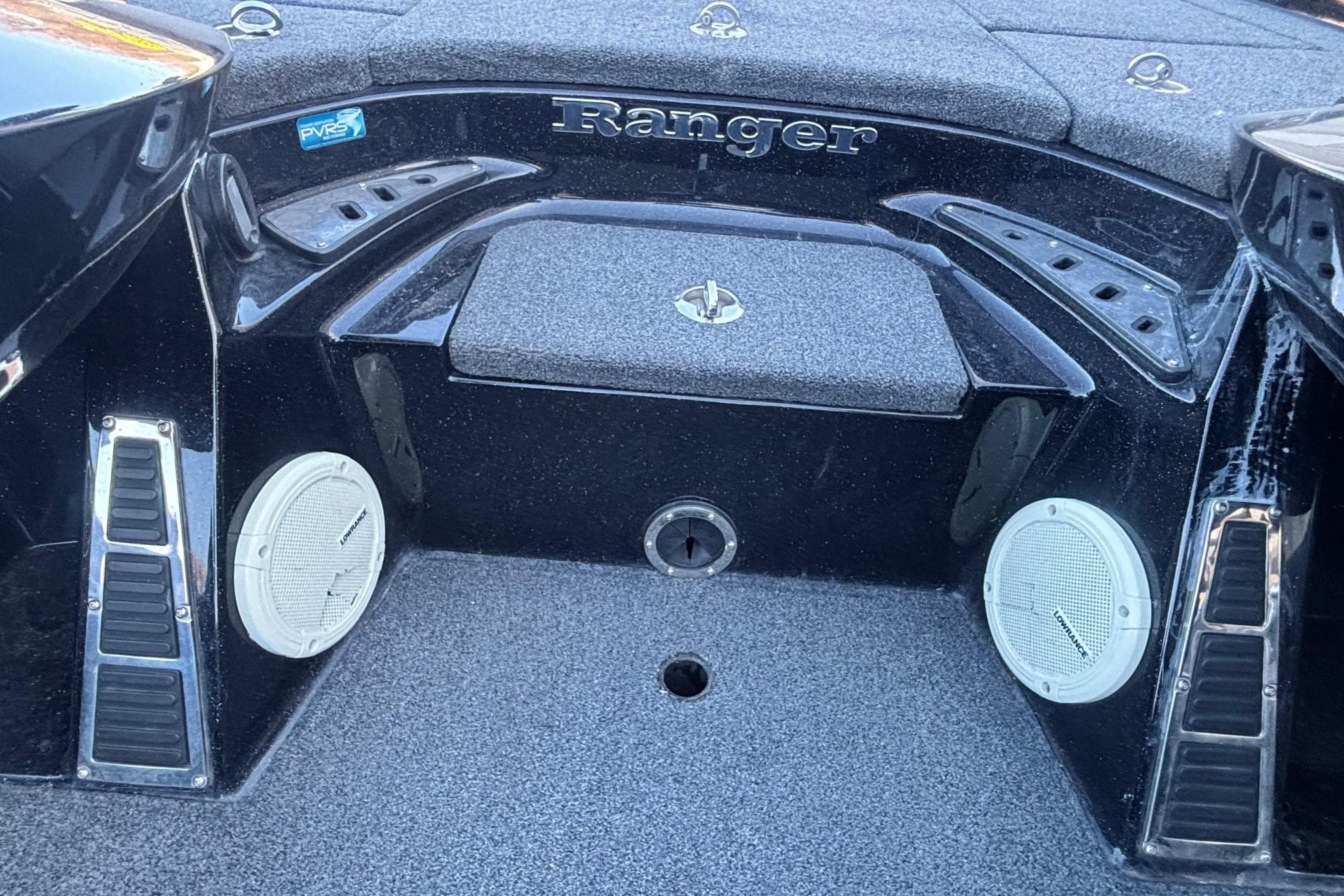 2017 Ranger Z521 Comanche boat interior with speakers and storage compartments.