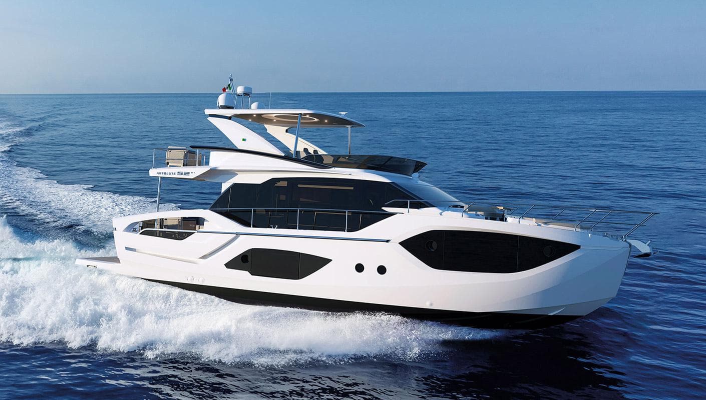 2025 Absolute 52 FLY yacht cruising on open sea, showcasing sleek design and luxury features.