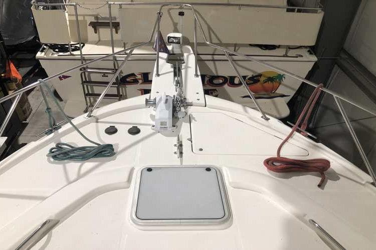 1997 Bayliner 3988 Motoryacht deck with ropes and anchor equipment.