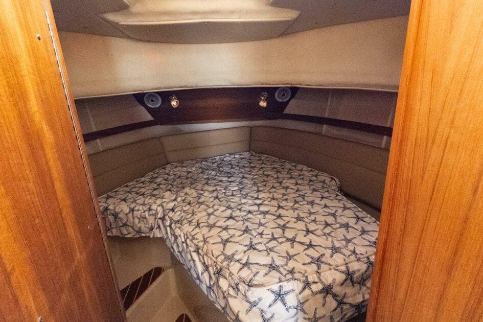2019 Ranger Tugs R-31-S cabin interior with starfish-patterned bedding.