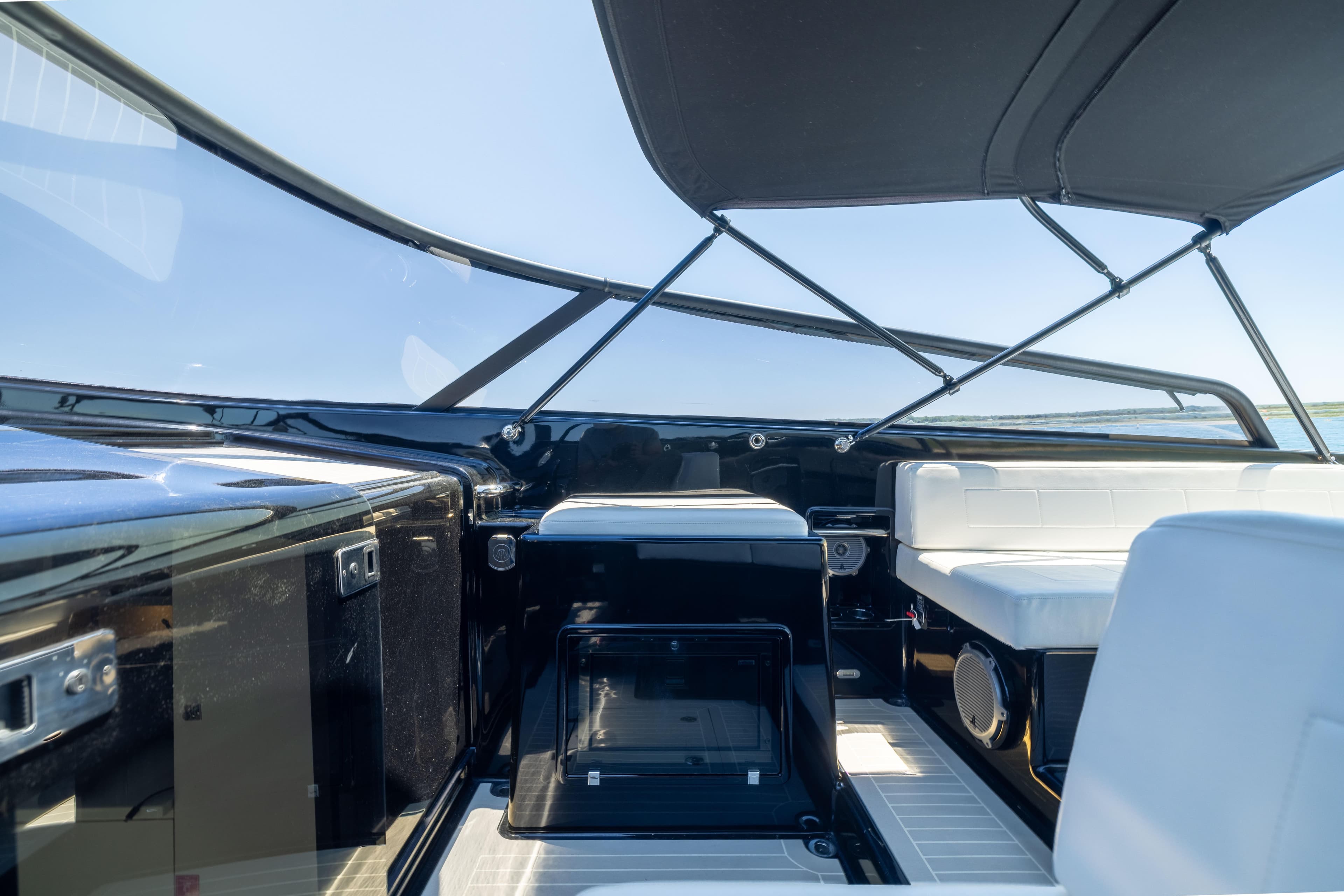 Interior view of 2016 VanDutch 40 yacht with sleek seating and modern design.