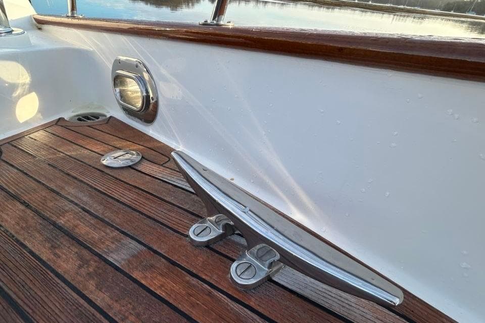 Teak deck and cleat on 2008 Grand Banks 59 Aleutian RP yacht.