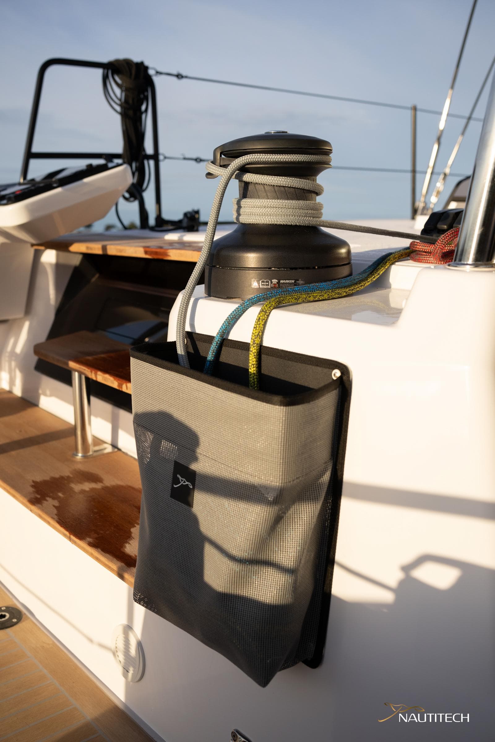 2025 Nautitech 48 Open yacht deck with winch and rope storage.
