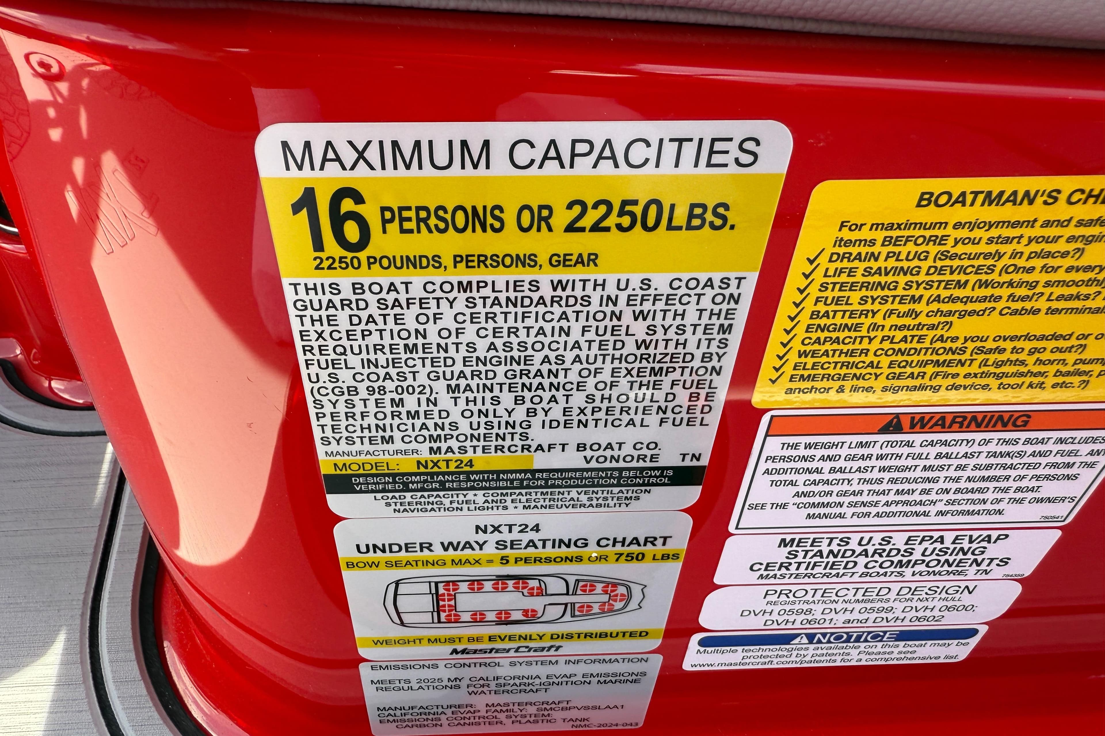 2025 MasterCraft NXT24 capacity label, maximum 16 persons or 2250 lbs, safety compliance details.