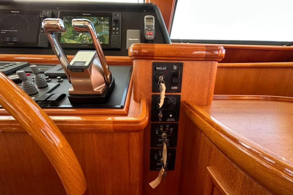 2008 Grand Banks 59 Aleutian RP helm with controls and navigation displays.