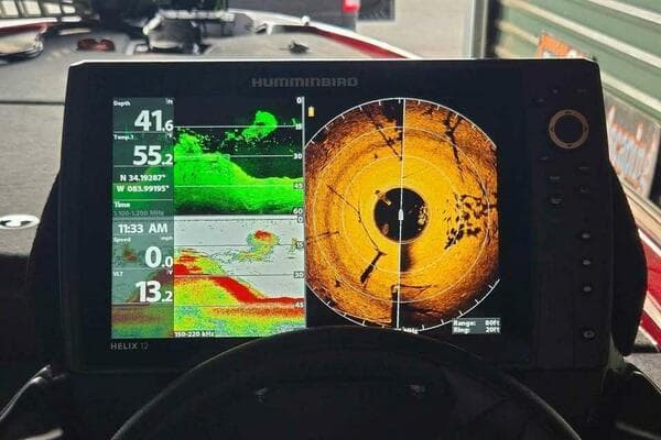 Fishfinder display on a 2022 Skeeter ZXR 21 boat, showing sonar and depth data.