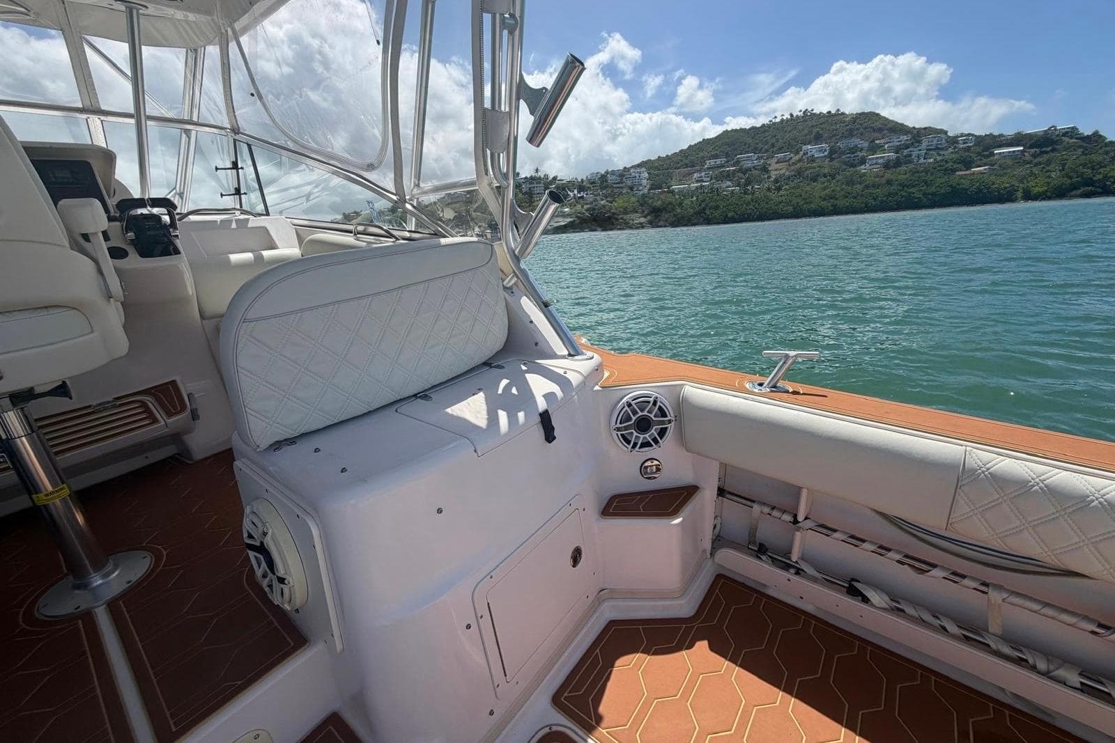 2004 Grady-White Express 330 boat interior with scenic water and hillside view.