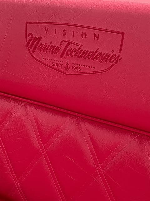 Red leather seat with Vision Marine Technologies logo, Fantail 217, 2023 model.