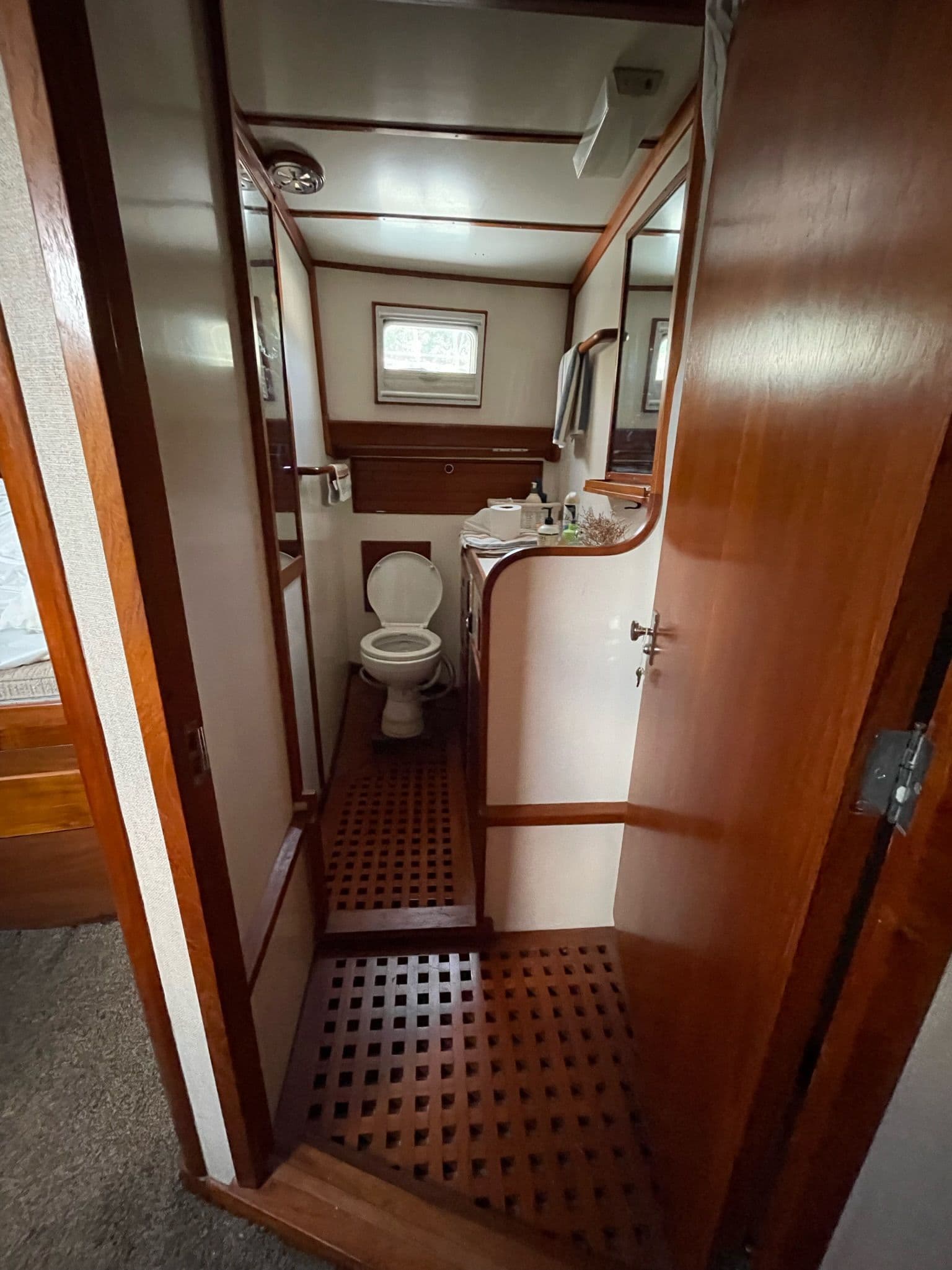 Interior of a 1977 Alden Boothbay Explorer yacht, bathroom view.