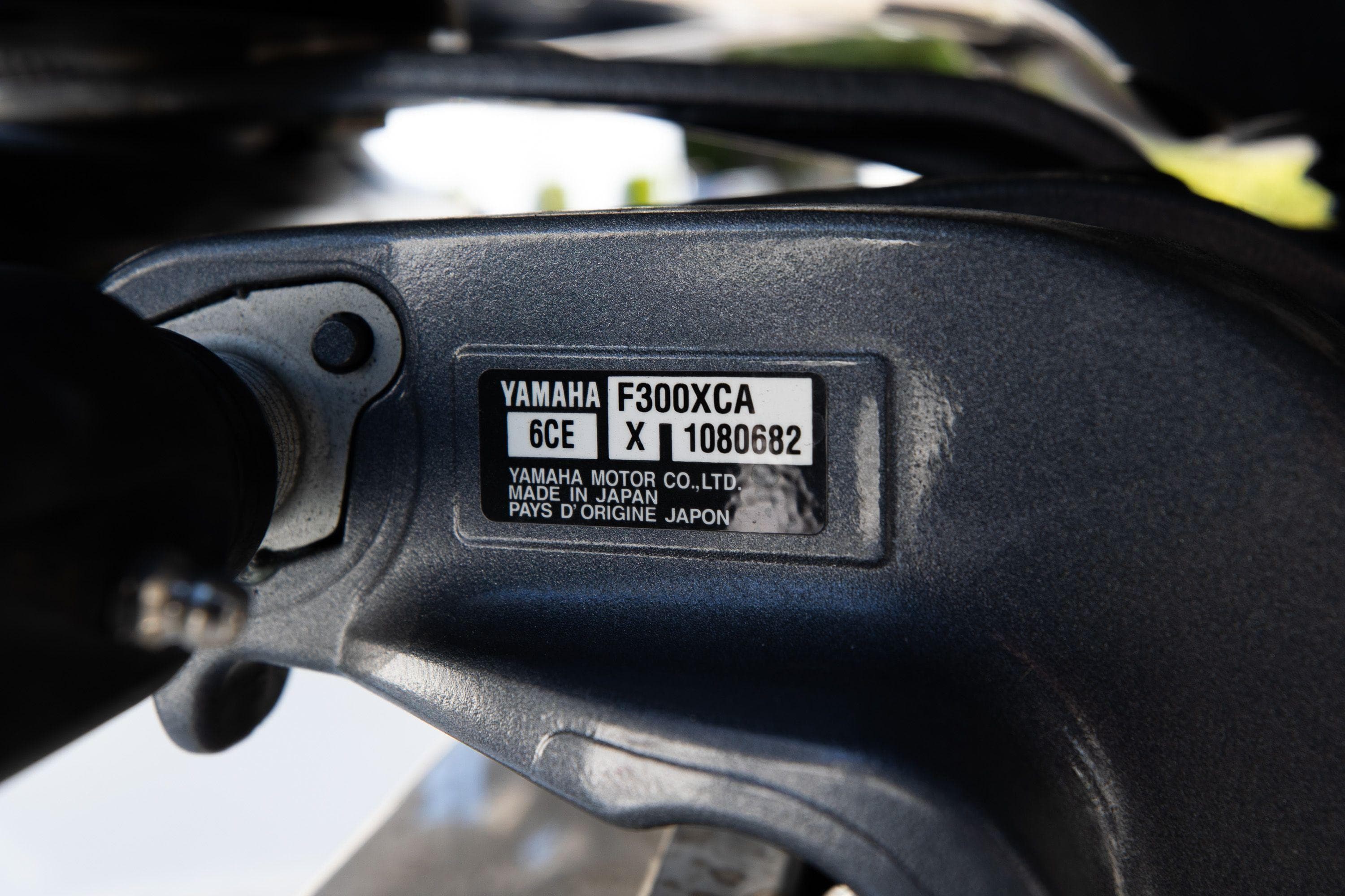 Close-up of Yamaha F300XCA engine label on 2022 Cobalt 30SC boat.