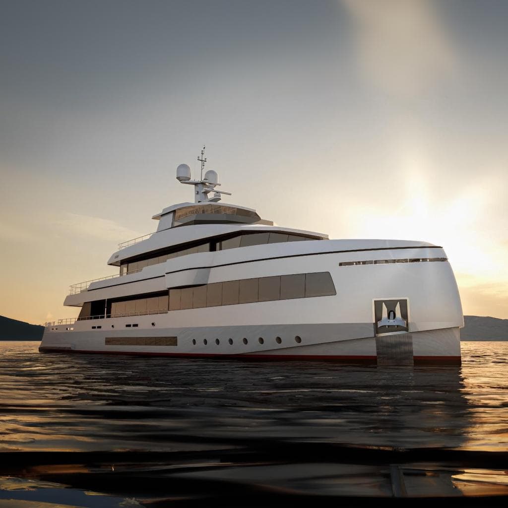 Luxurious Inace Explora 131 yacht on serene waters at sunset, 2028 model.