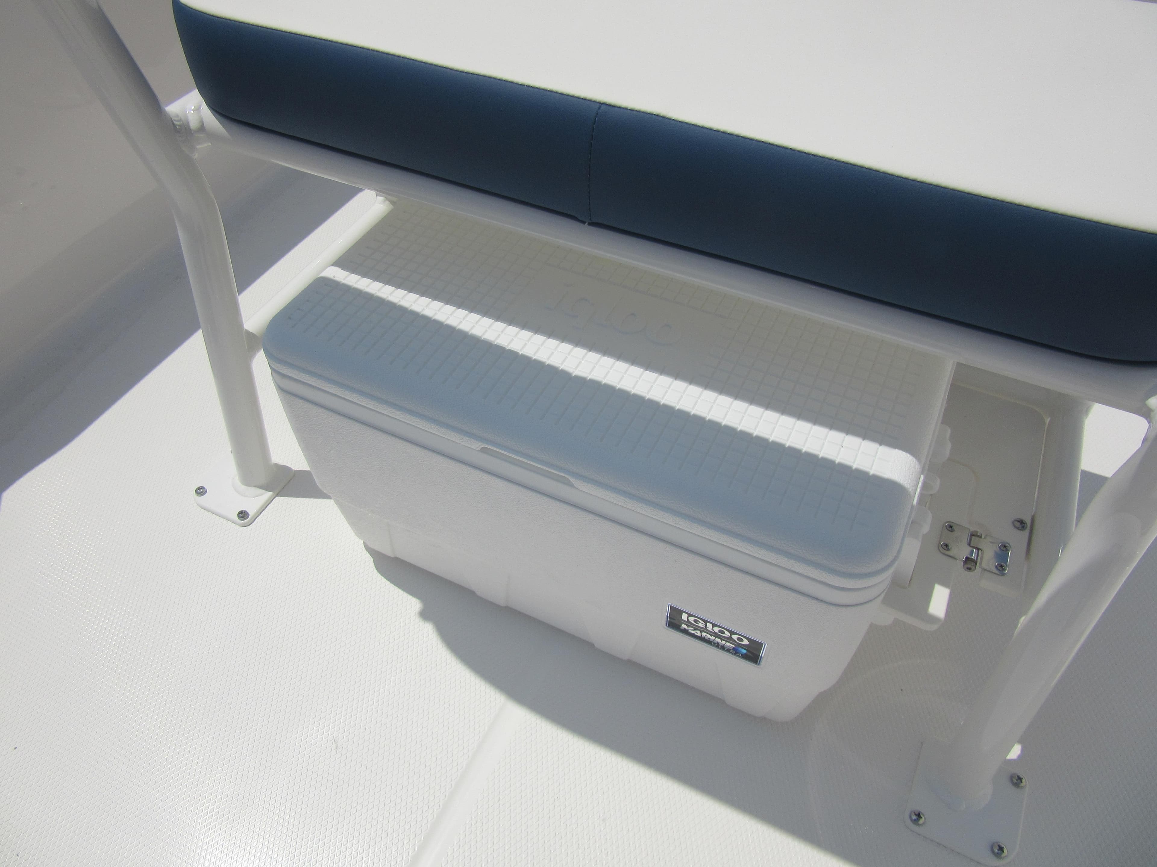 2025 Robalo R160 Center Console boat seat with integrated storage compartment.