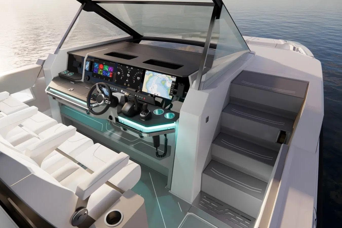 2026 Aquila 45 Sport yacht cockpit with modern controls and seating, overlooking calm waters.