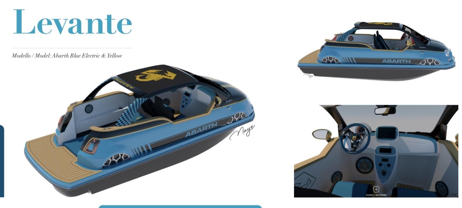 2025 Car Off-shore Fiat 500 Abarth boat, Levante model, blue and yellow design.
