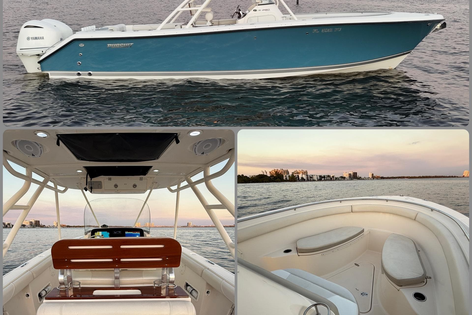2014 Pursuit S 280 Sport boat on water, interior views, sunset backdrop.