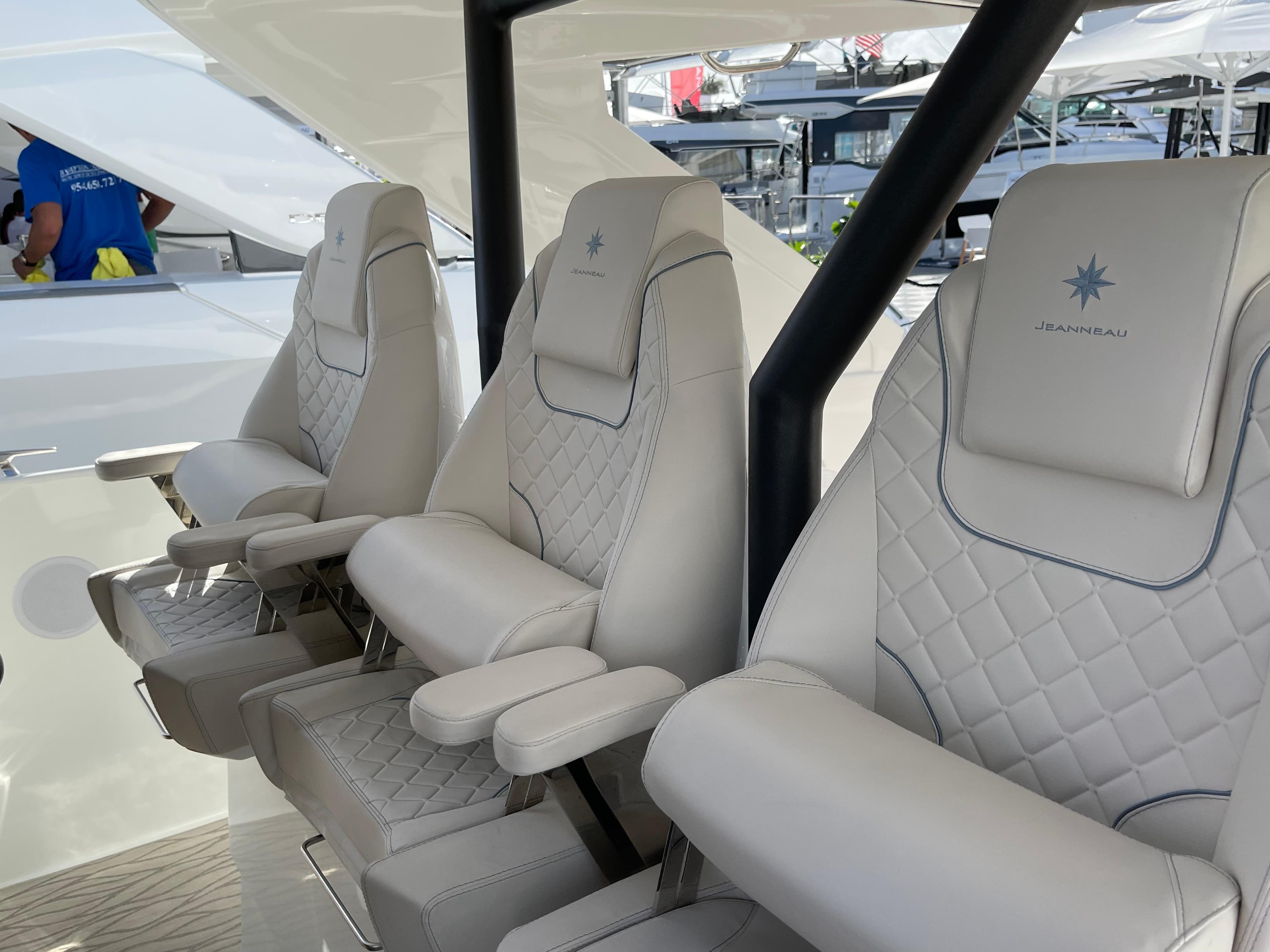 Luxurious seating on 2025 Jeanneau DB/37 OB boat with quilted leather design.