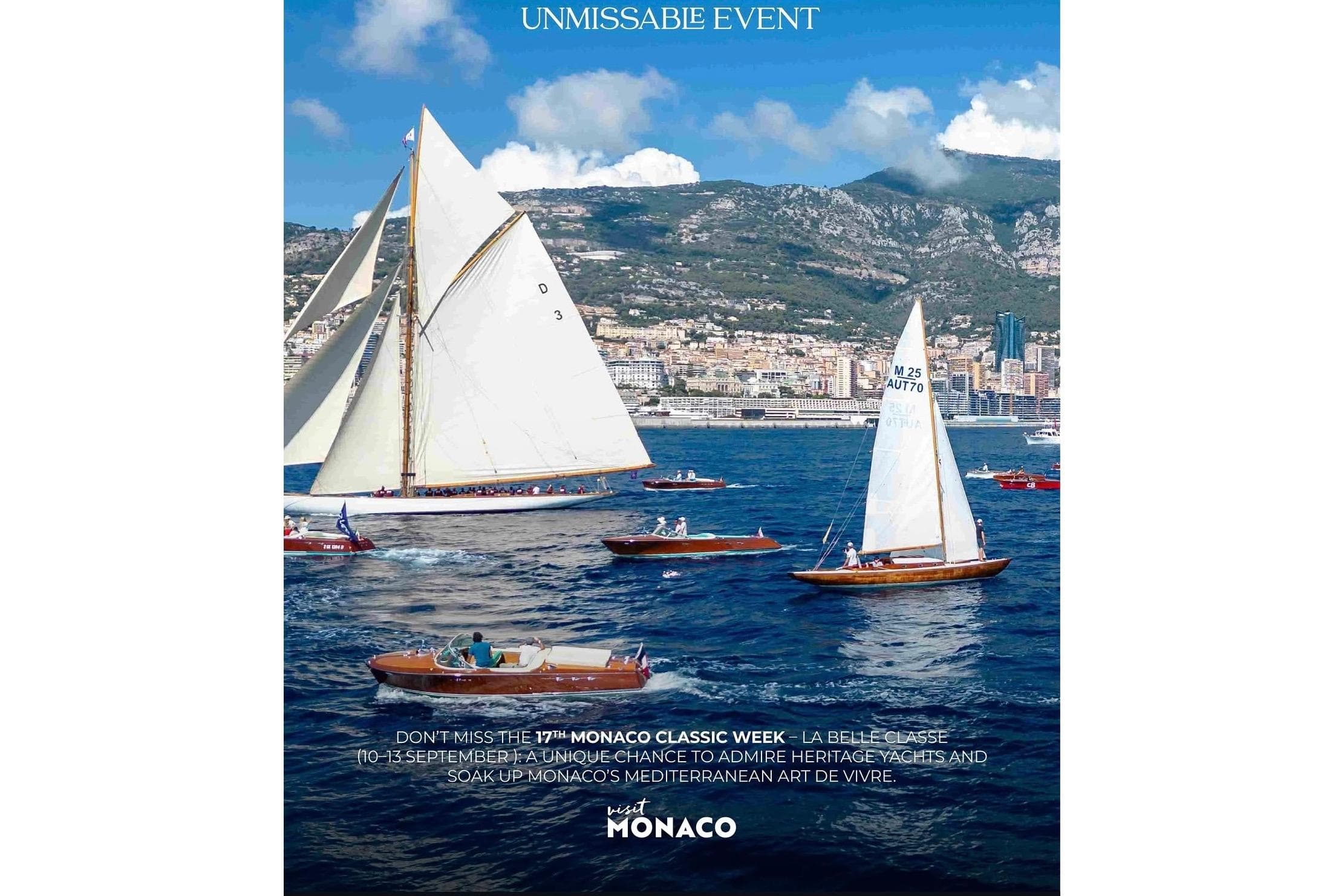 Sailboats on Mediterranean Sea during Monaco Classic Week, featuring 1951 Mälar 25 yacht.
