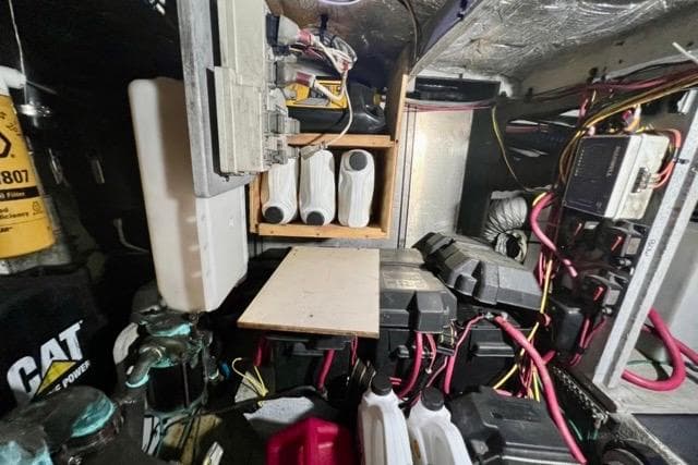 Engine room of a 2003 Silverton 43 Motor Yacht with various equipment and wiring.