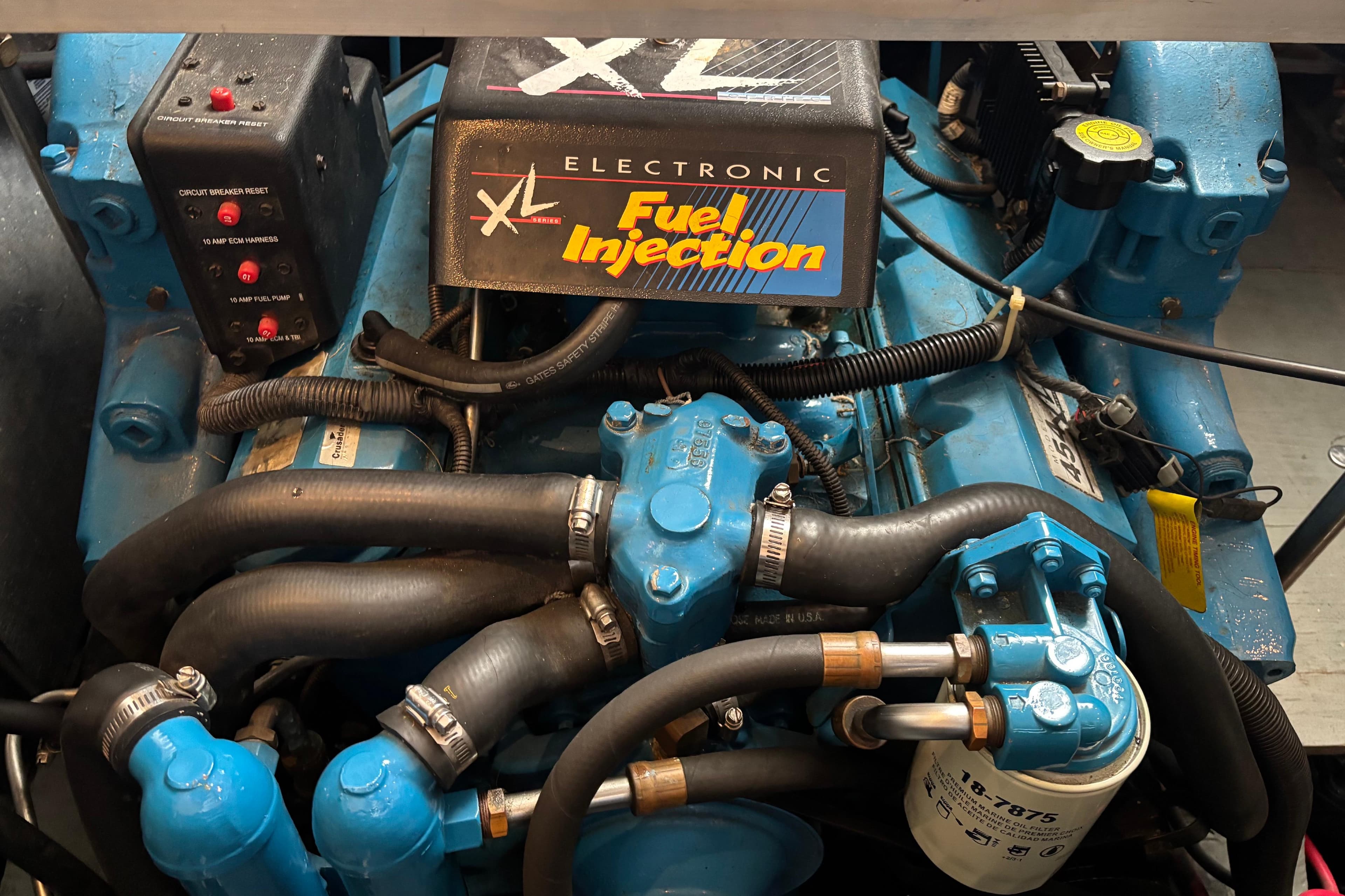 Engine of a 1997 Carver 400 Cockpit Motor Yacht with electronic fuel injection system.