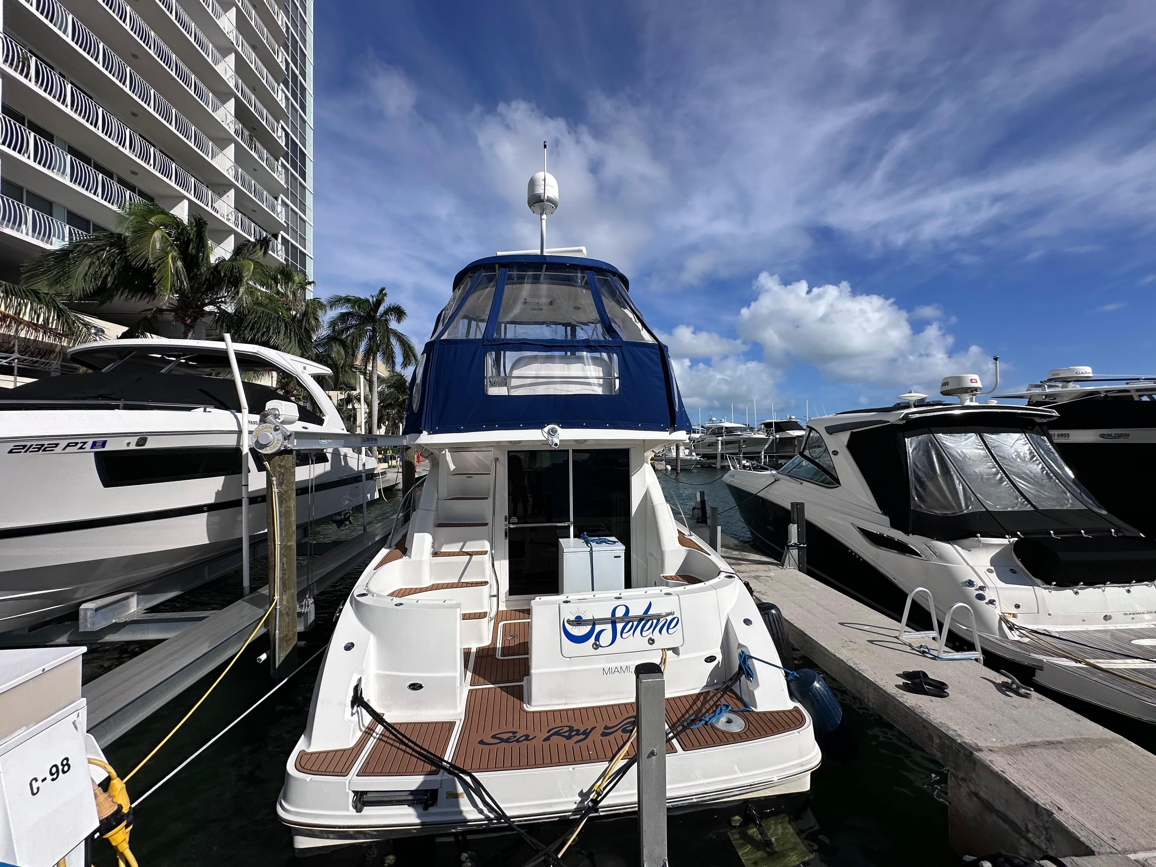 2007 Sea Ray 36 Sedan Bridge docked at marina.