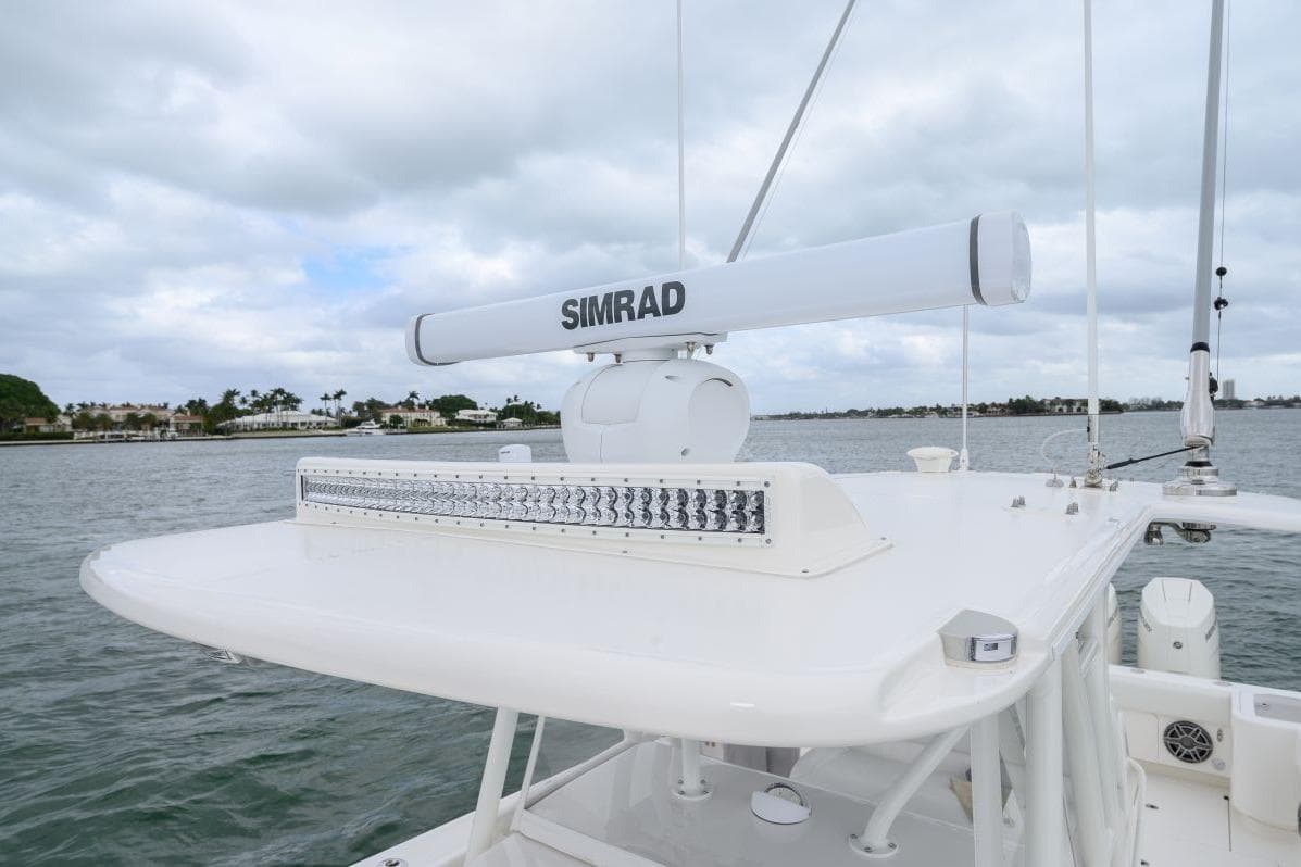 2024 SeaVee 370Z boat with Simrad radar system on open water.