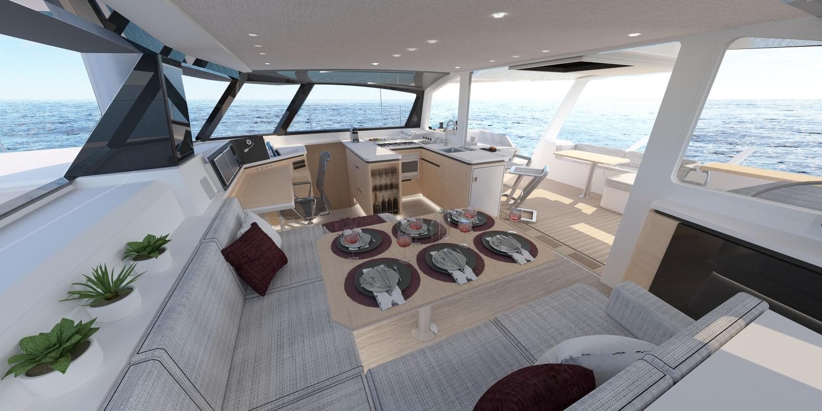 Interior of Seawind 1370 yacht, modern design, 2027 model.