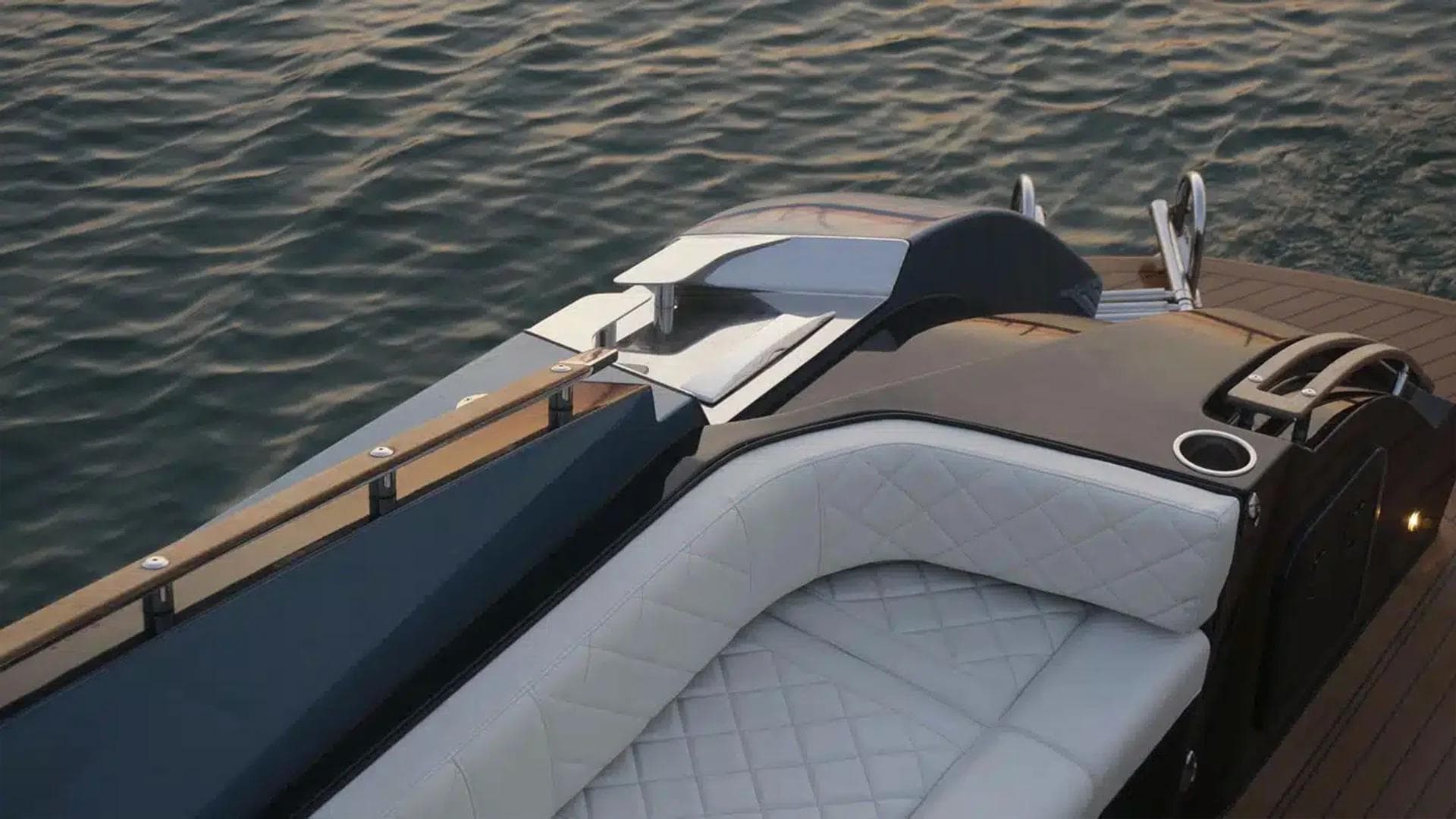 Luxurious 2019 Argo Navis Limo Tender 39 yacht with elegant seating on calm water.