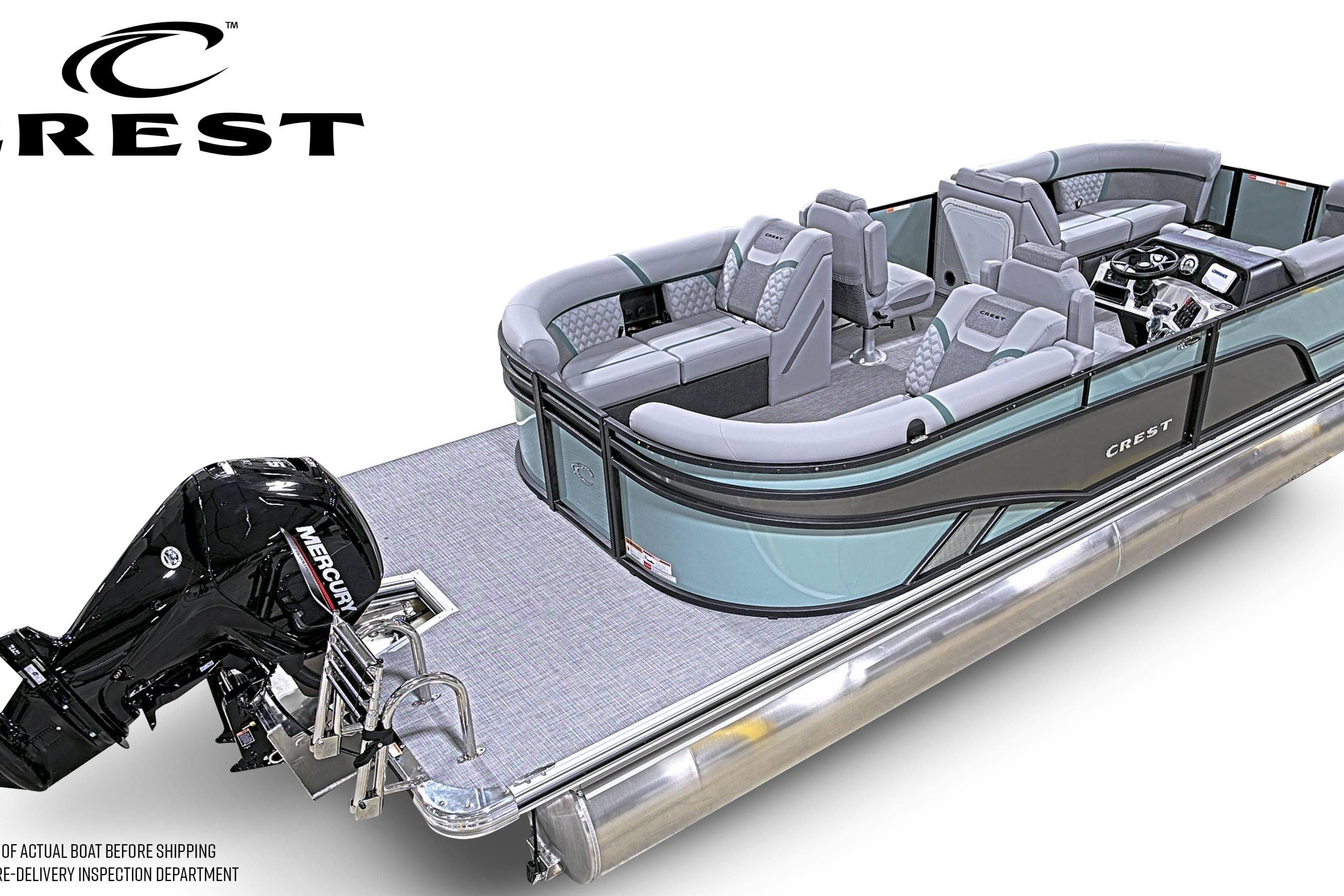 2026 Crest Conquest 230 SLC pontoon boat with Mercury engine, luxurious seating, and modern design.