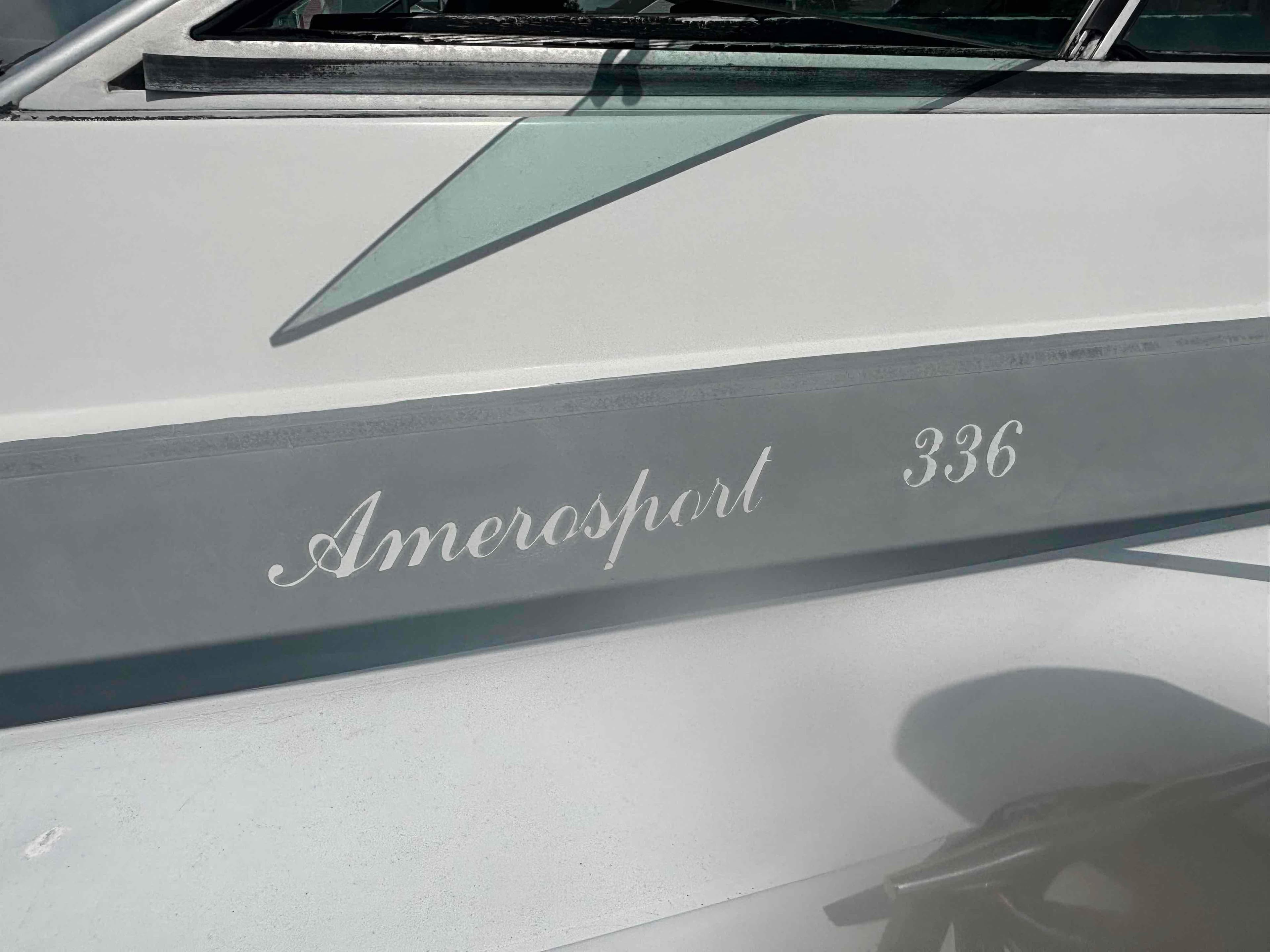 1987 Chris-Craft 336 Amerosport boat side view with model name and number.