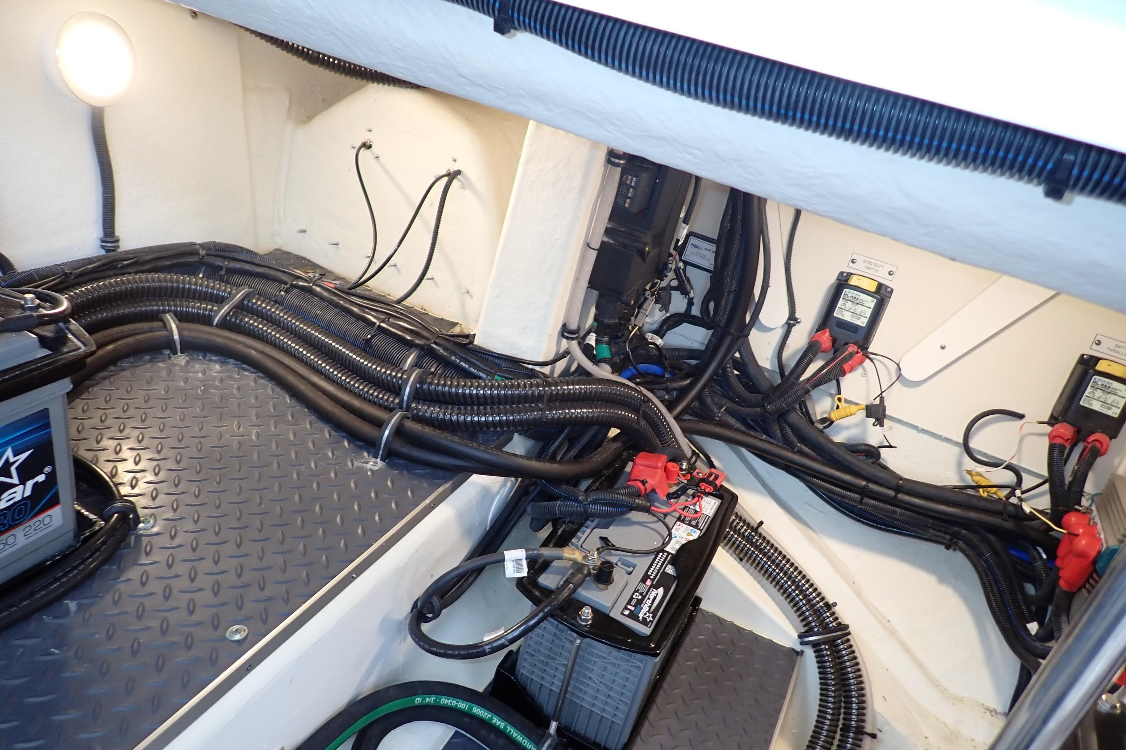 Engine compartment of 2023 Formula 380 Super Sport Crossover OB with wiring and battery setup.