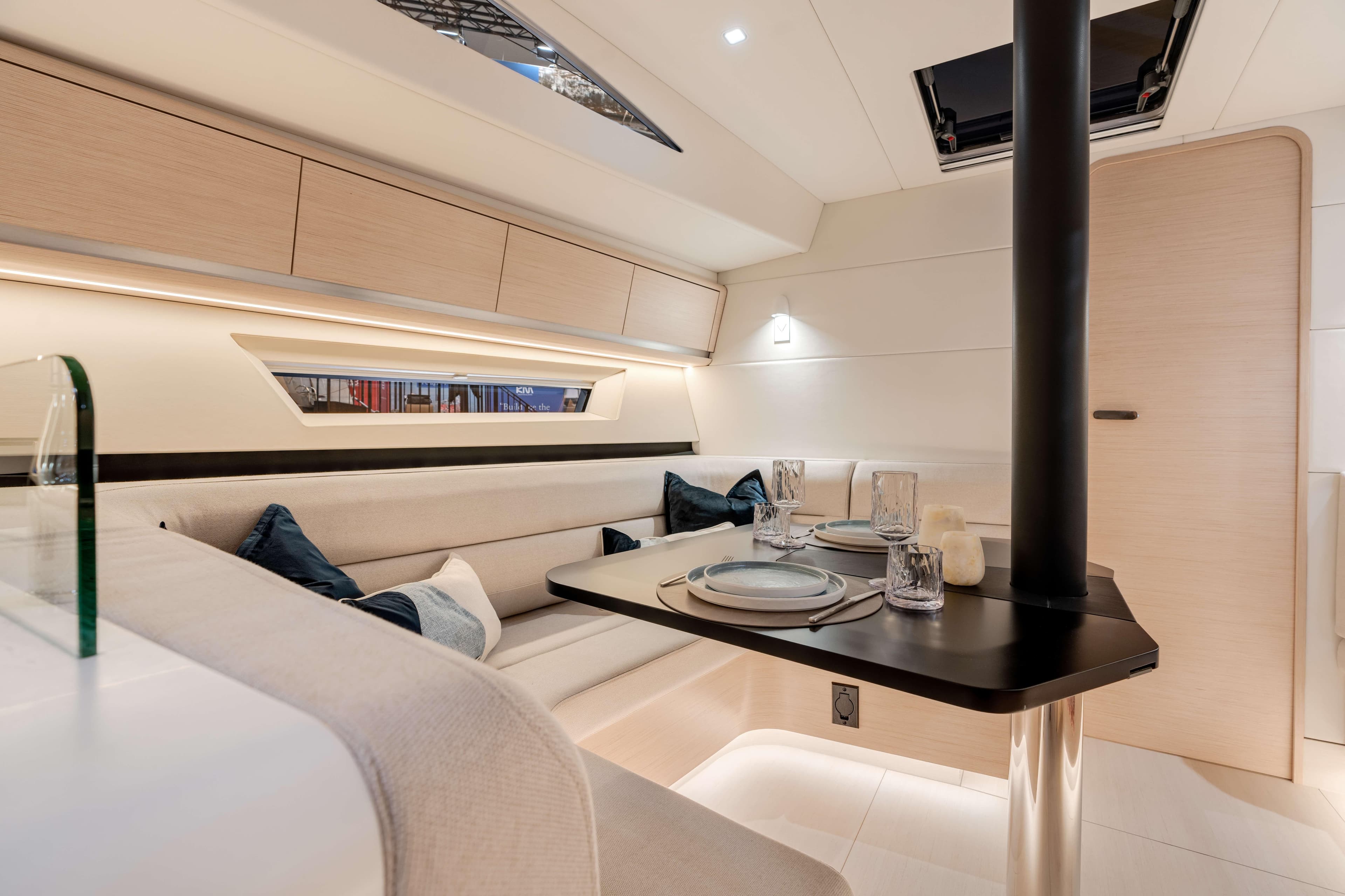 Luxurious interior of 2027 Saffier SL 46 MED yacht with elegant dining area.