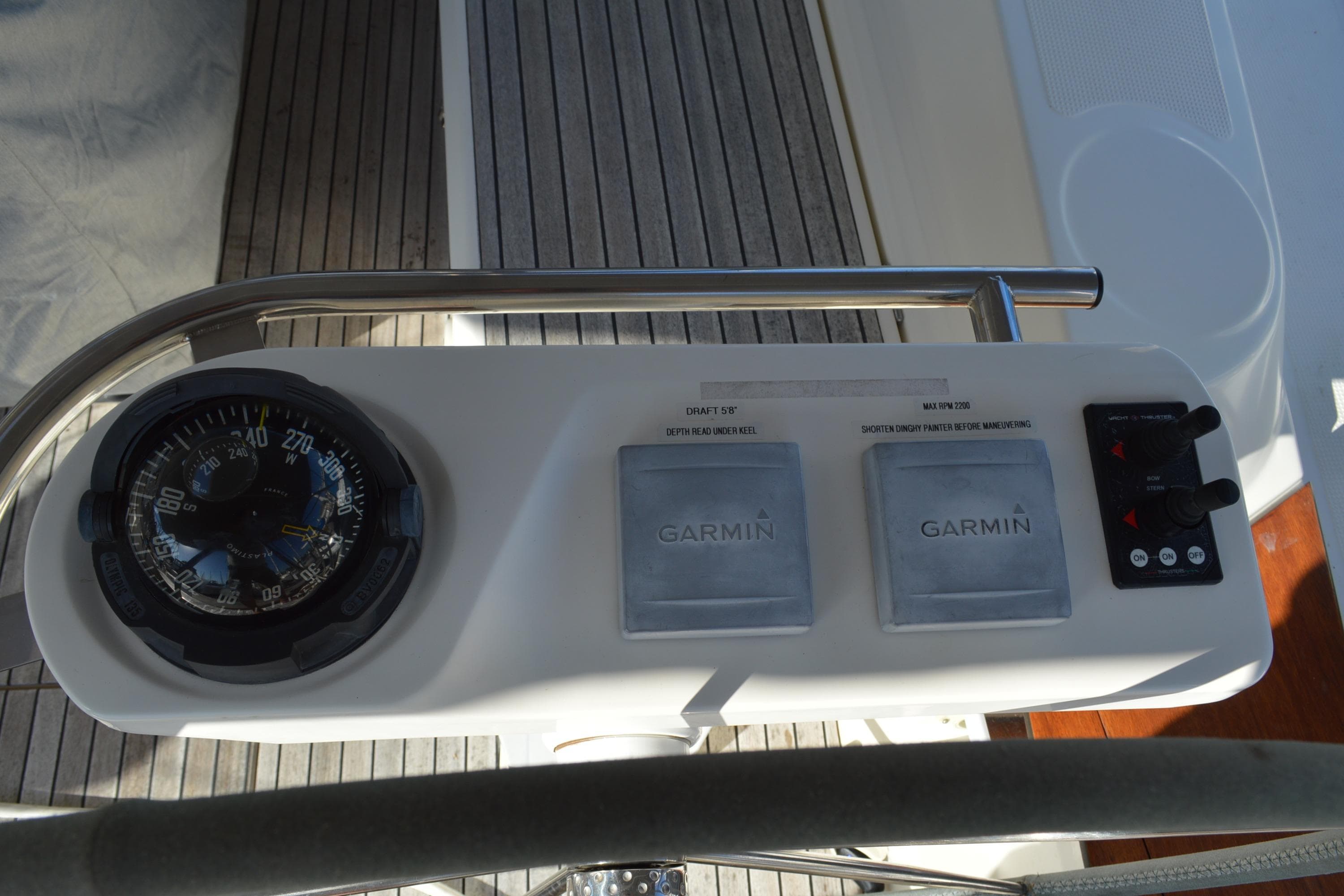 Bavaria 45 yacht helm with compass and Garmin navigation, 2011 model.